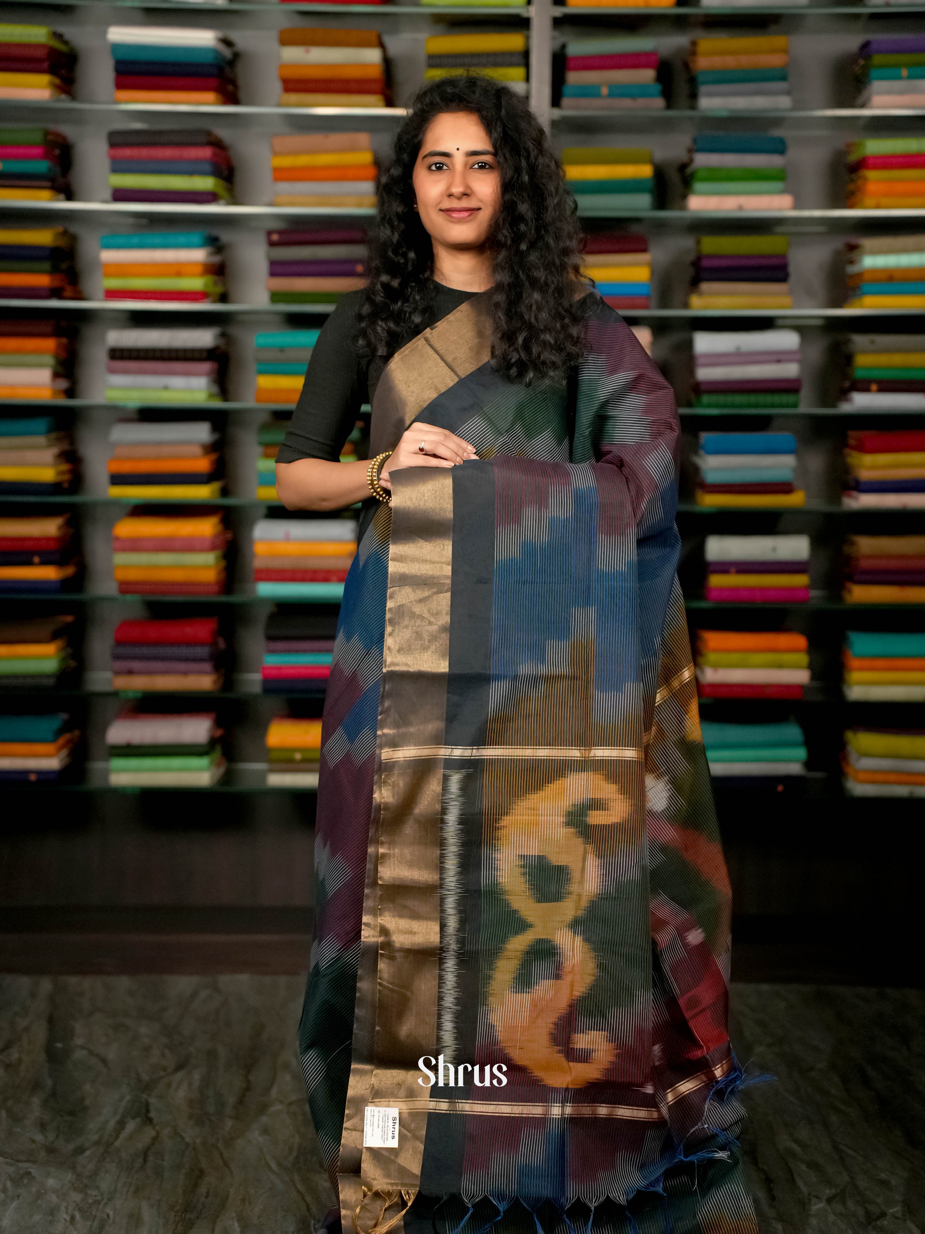 Blue - Ikkat Kora Saree - Shop on ShrusEternity.com