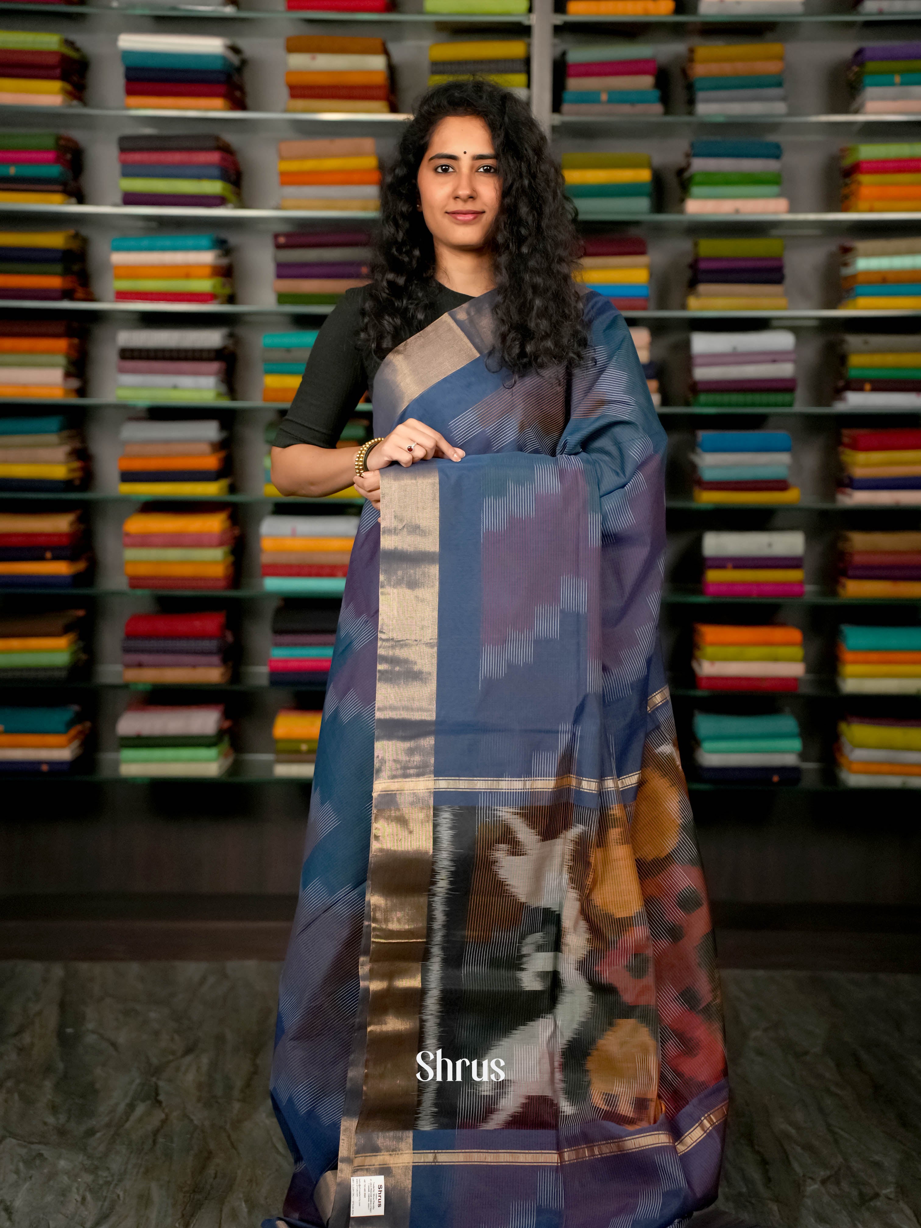 Blue - Ikkat Kora Saree - Shop on ShrusEternity.com