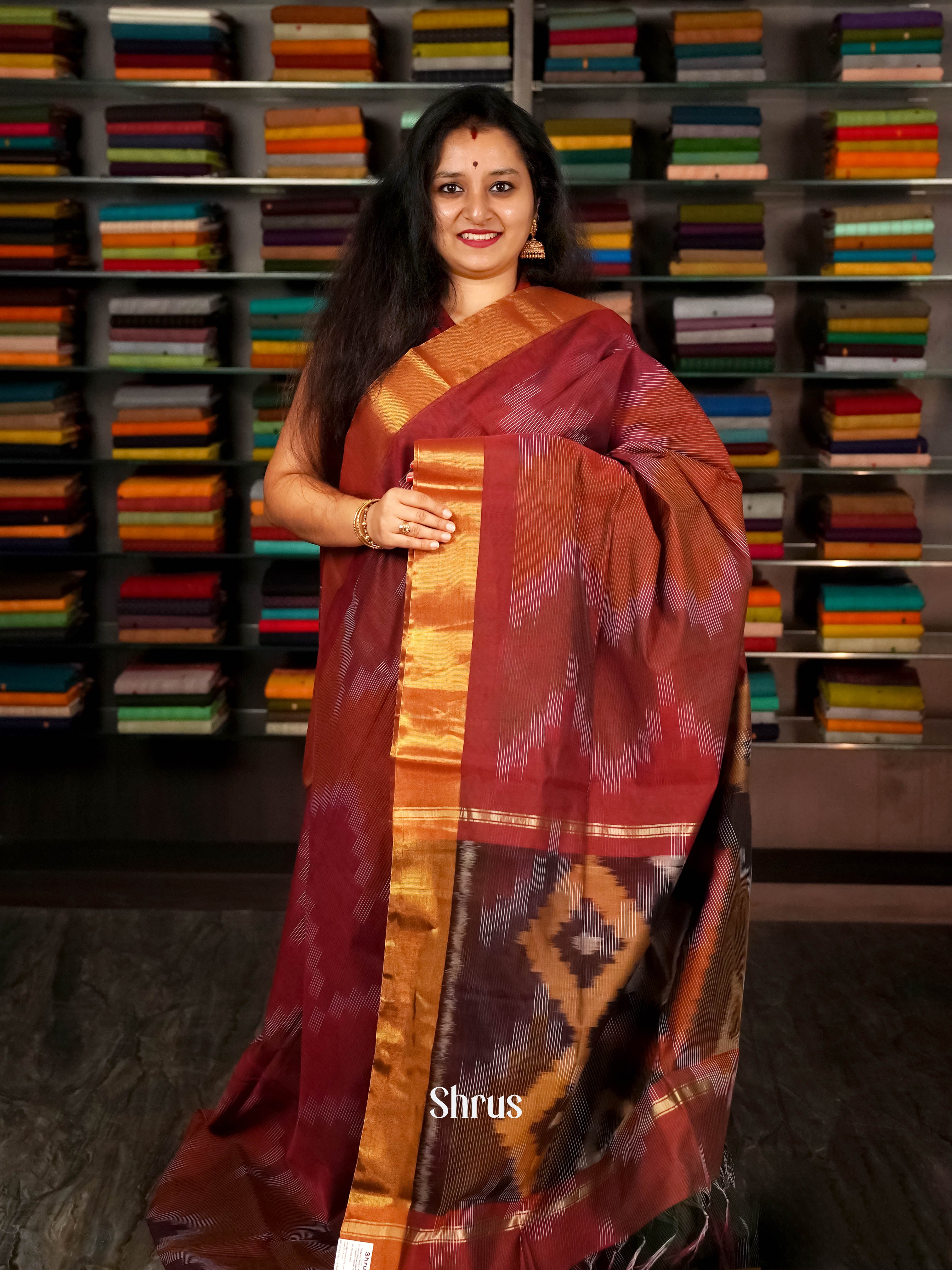 Maroon & Brown - Ikkat Kora Saree - Shop on ShrusEternity.com