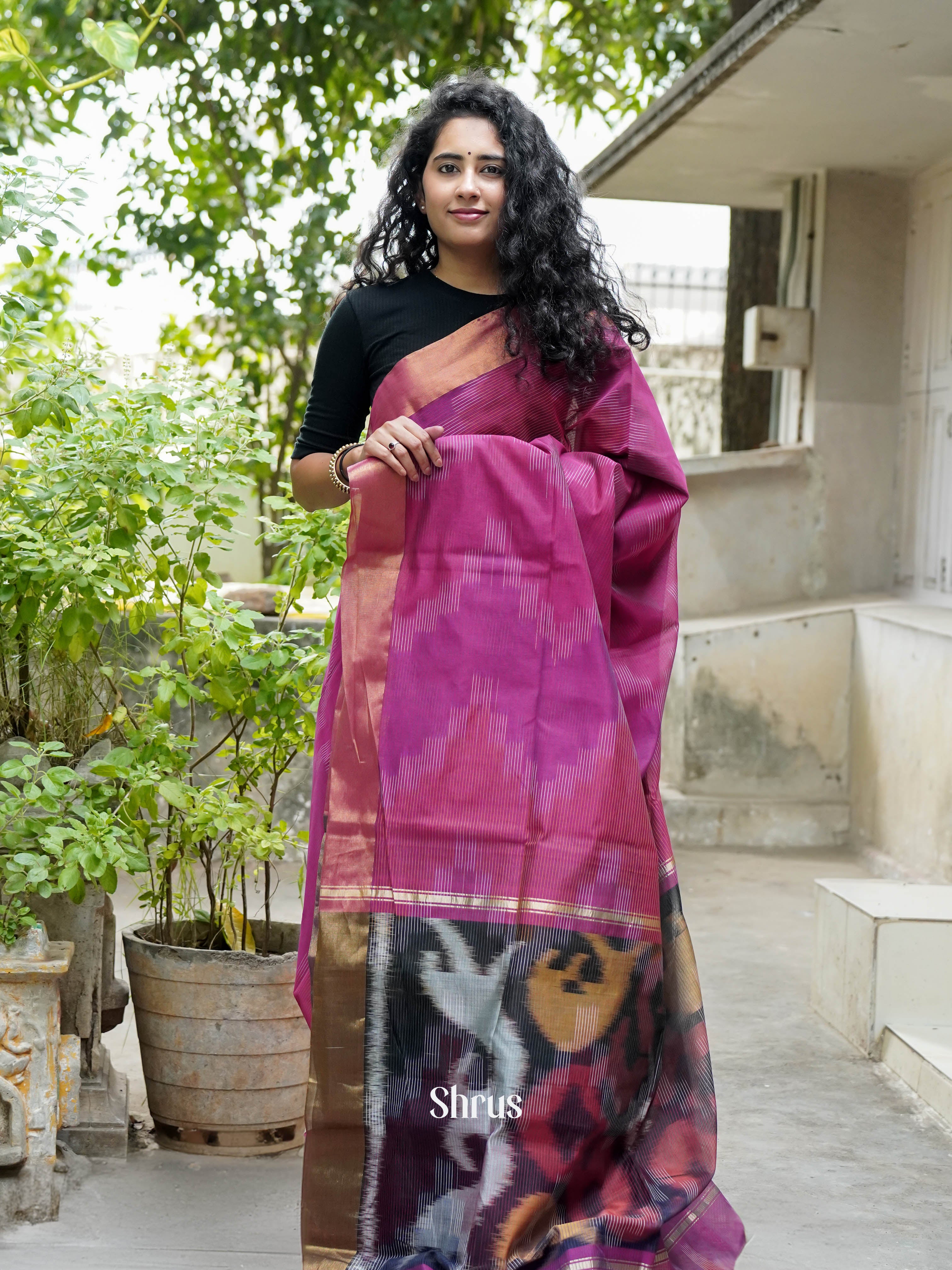 Magenta & Violet - Ikkat Kora Saree - Shop on ShrusEternity.com