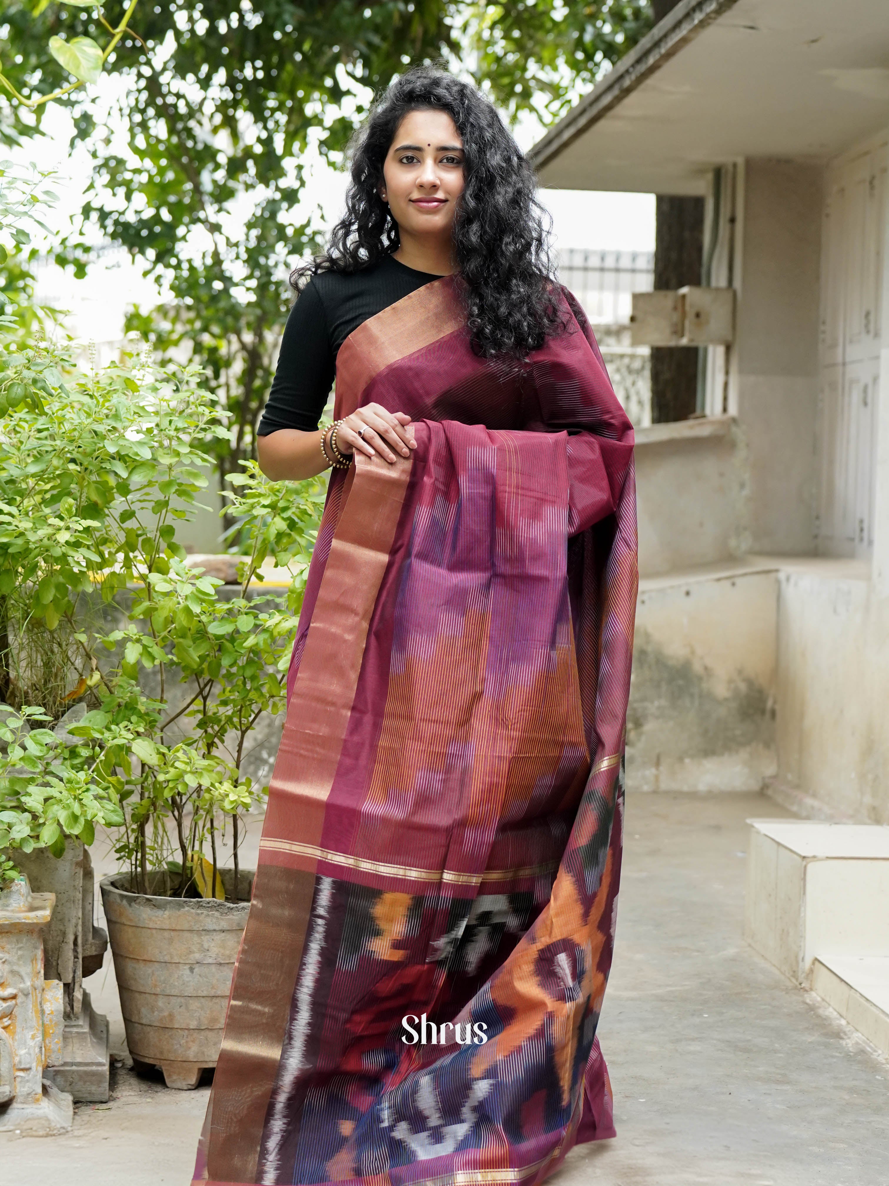 Maroon - Ikkat Kora Saree - Shop on ShrusEternity.com
