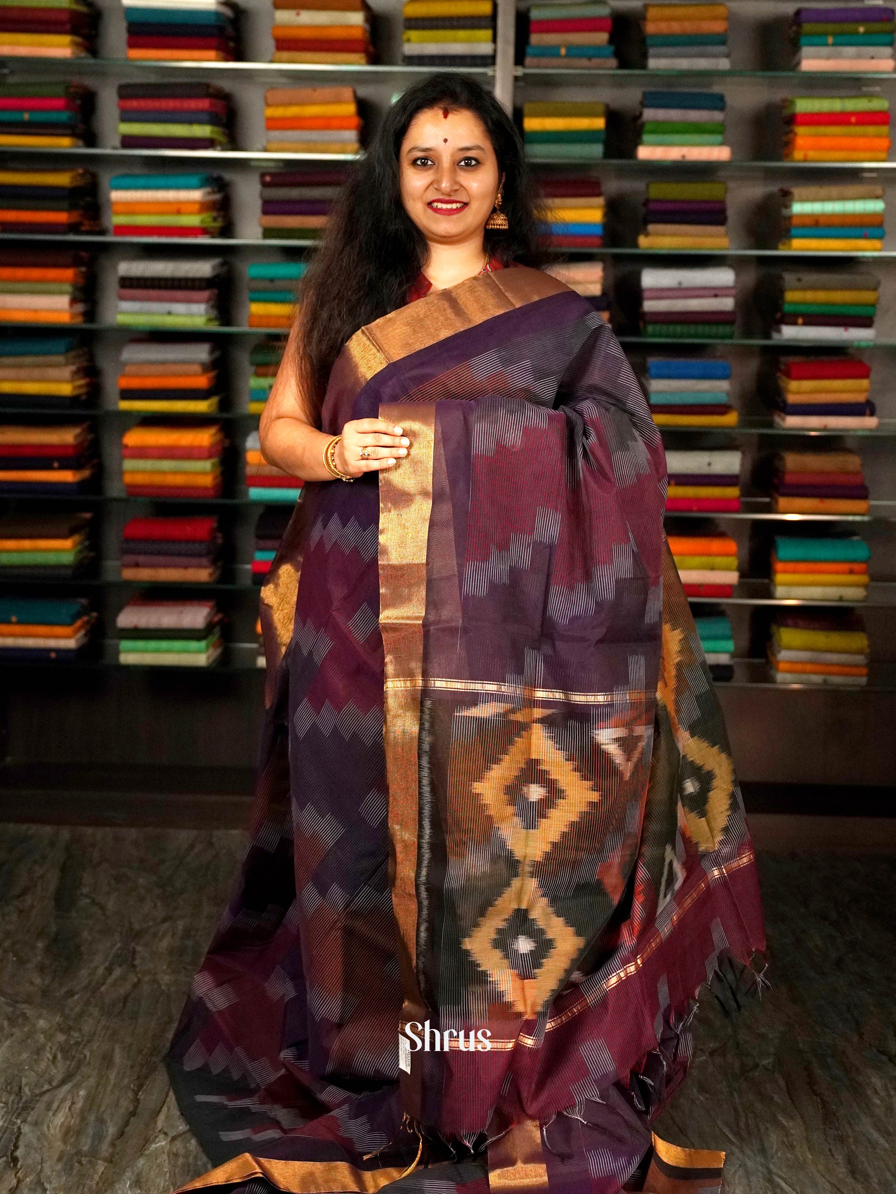 Purple - Ikkat Kora Saree - Shop on ShrusEternity.com