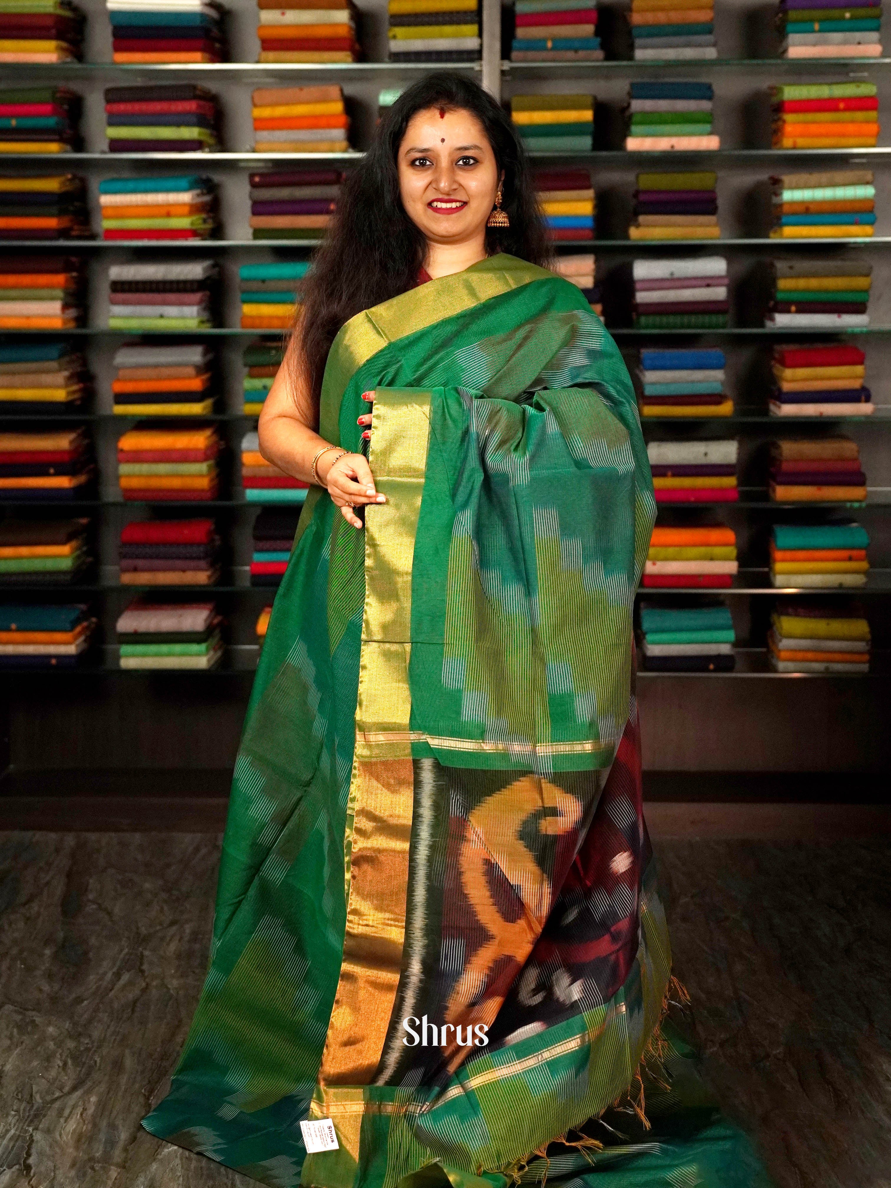 Green - Ikkat Kora Saree - Shop on ShrusEternity.com