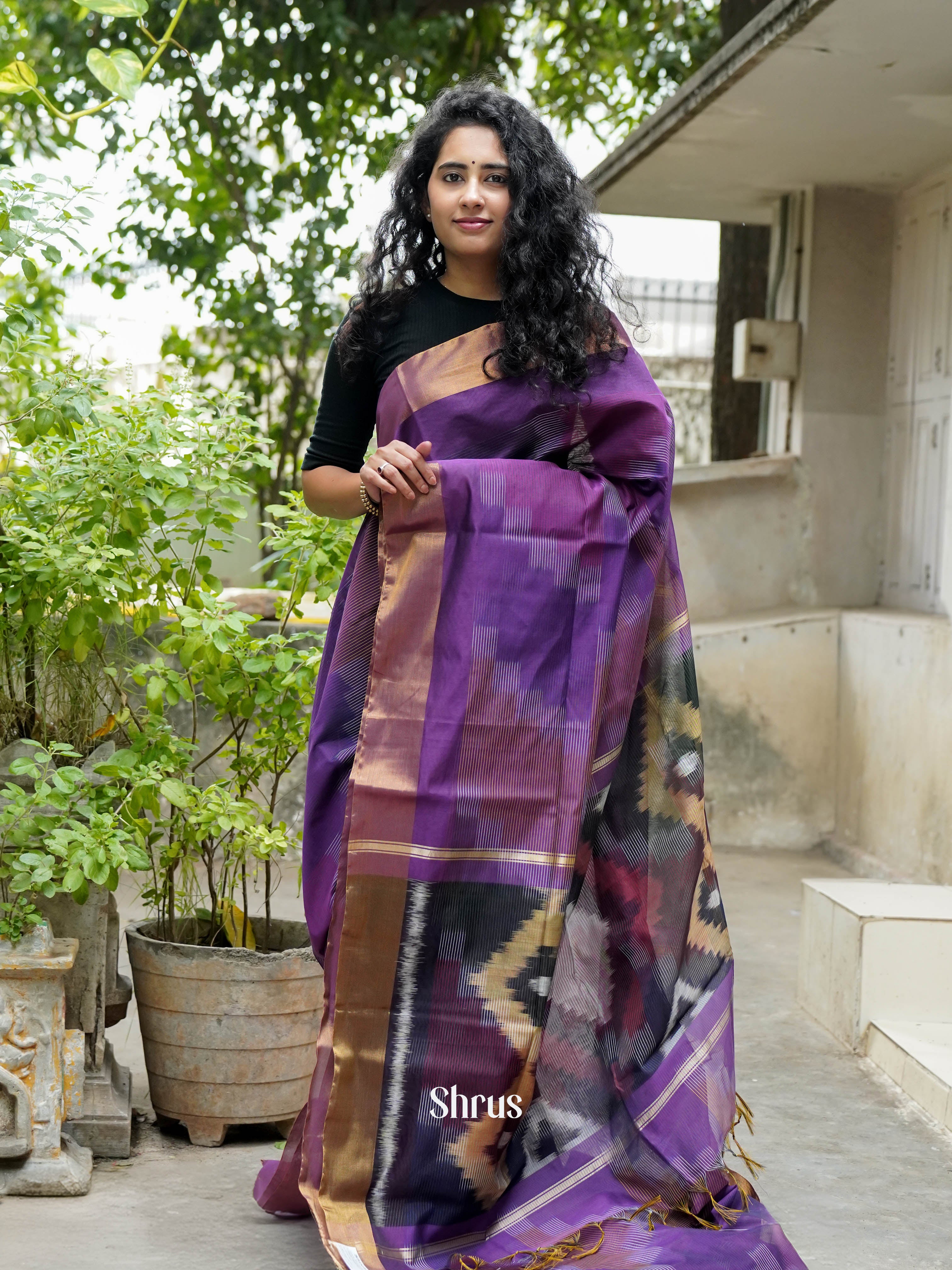 Purple - Ikkat Kora Saree - Shop on ShrusEternity.com