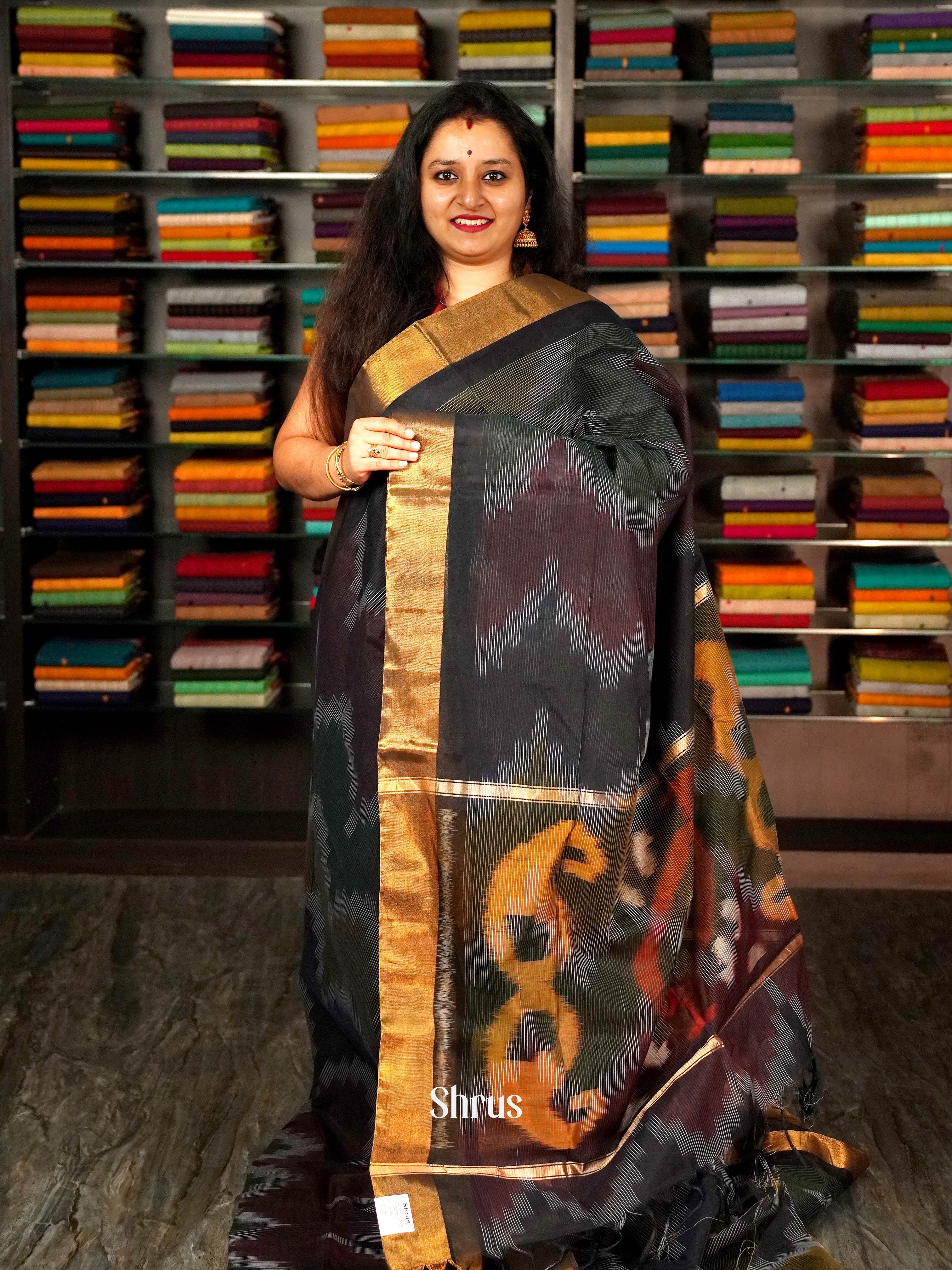 Black - Ikkat Kora Saree - Shop on ShrusEternity.com