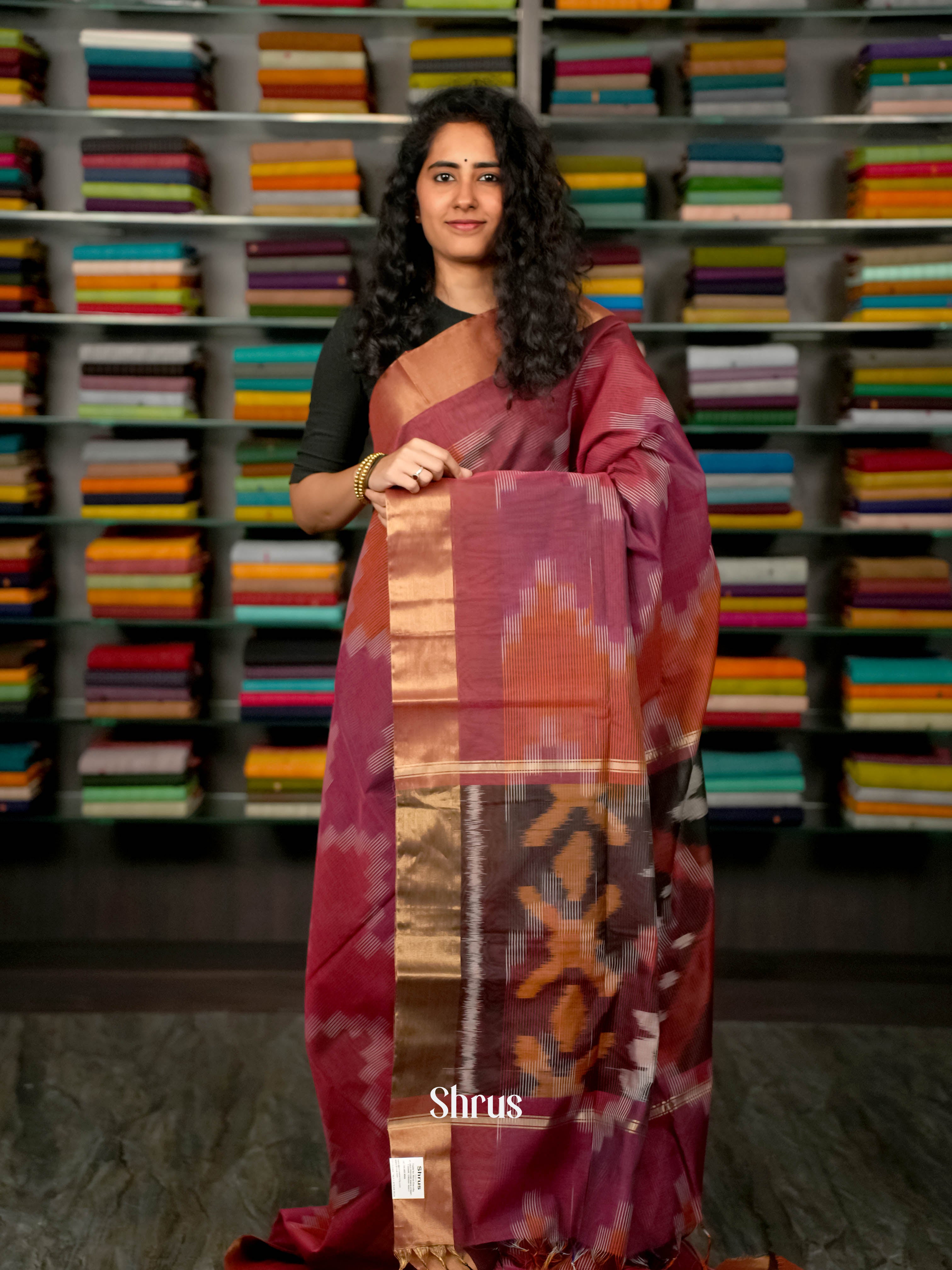 Maroon - Ikkat Kora Saree - Shop on ShrusEternity.com