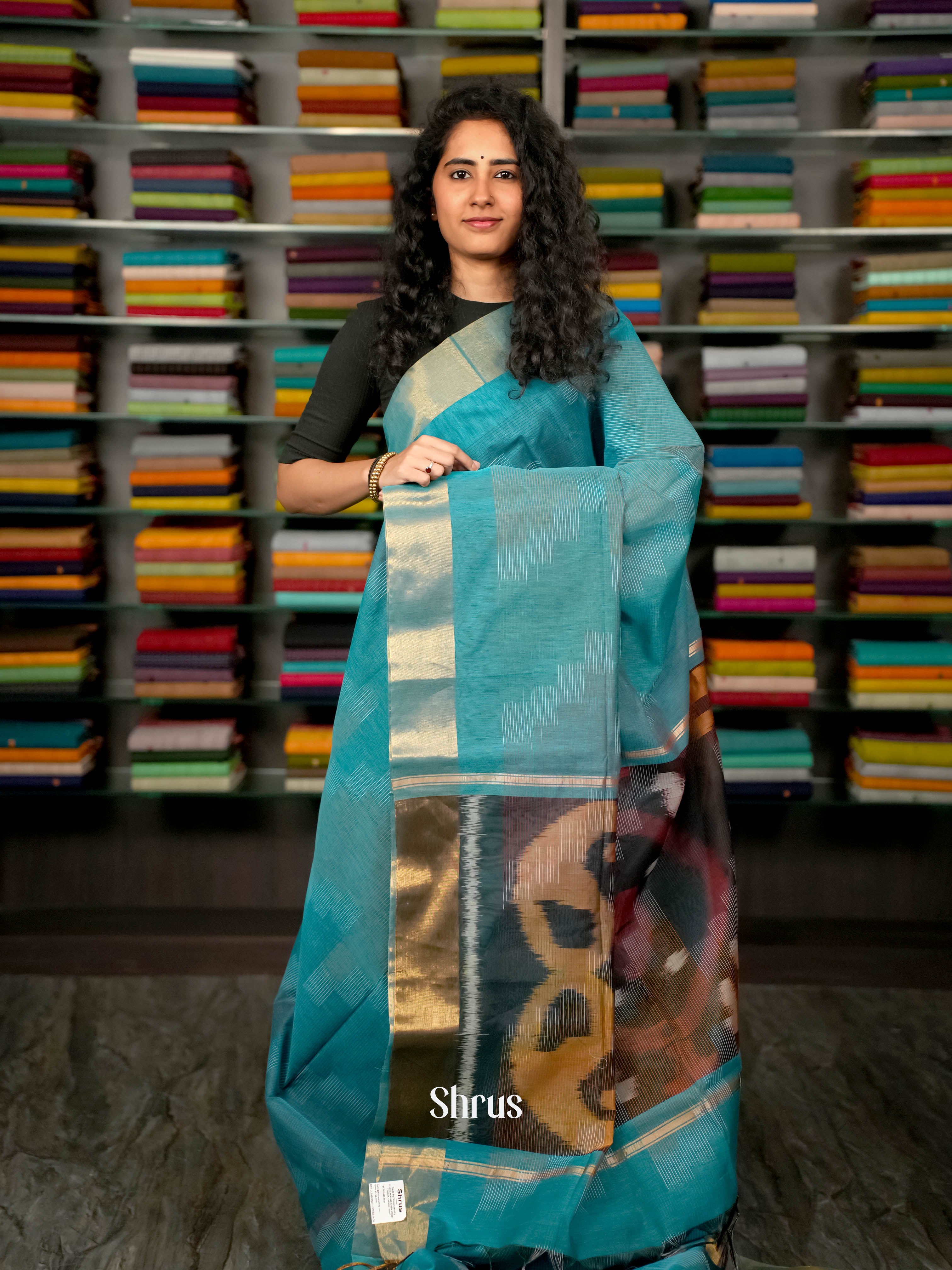 Blue - Ikkat Kora Saree - Shop on ShrusEternity.com