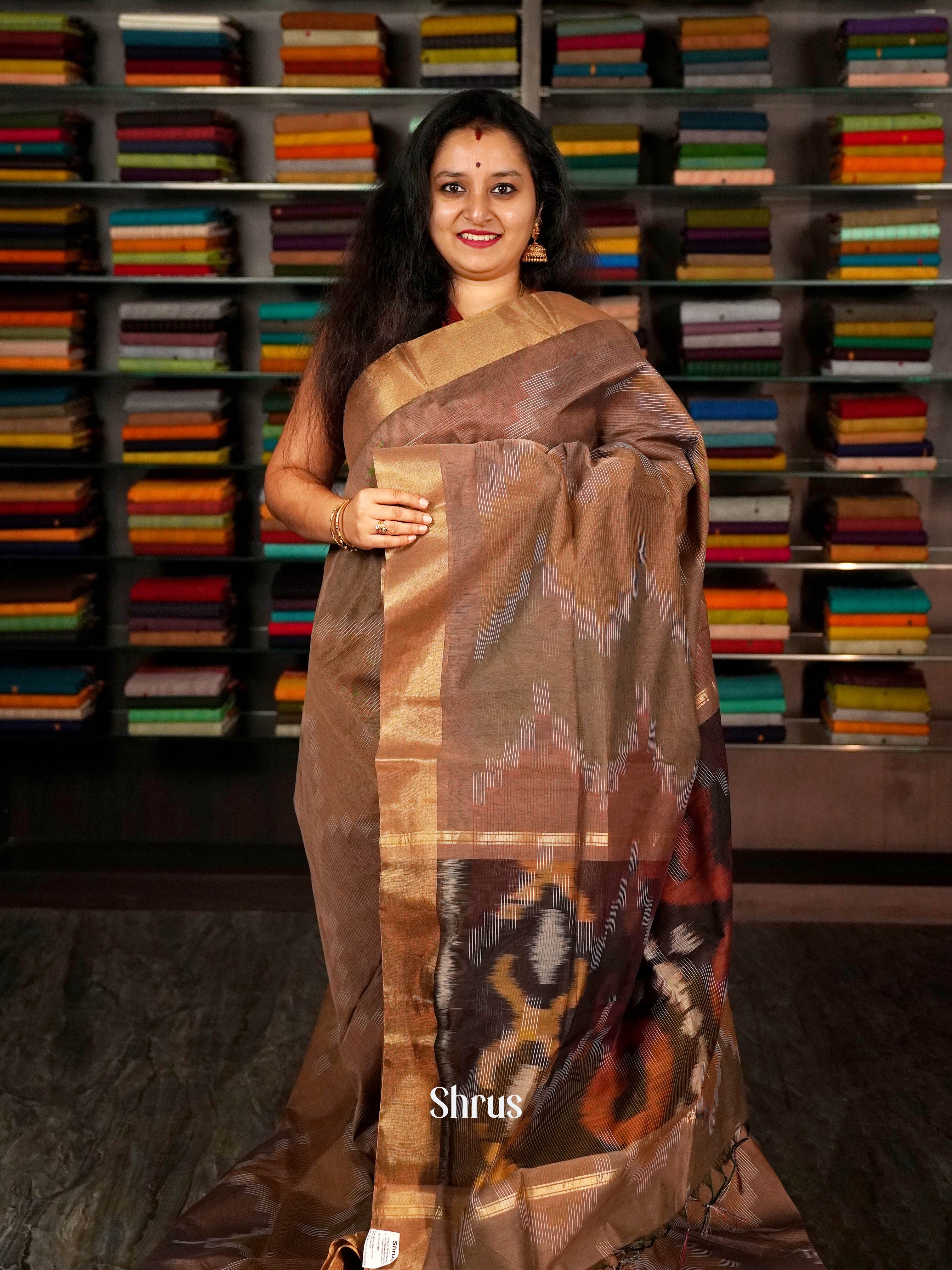 Brown - Ikkat Kora Saree - Shop on ShrusEternity.com