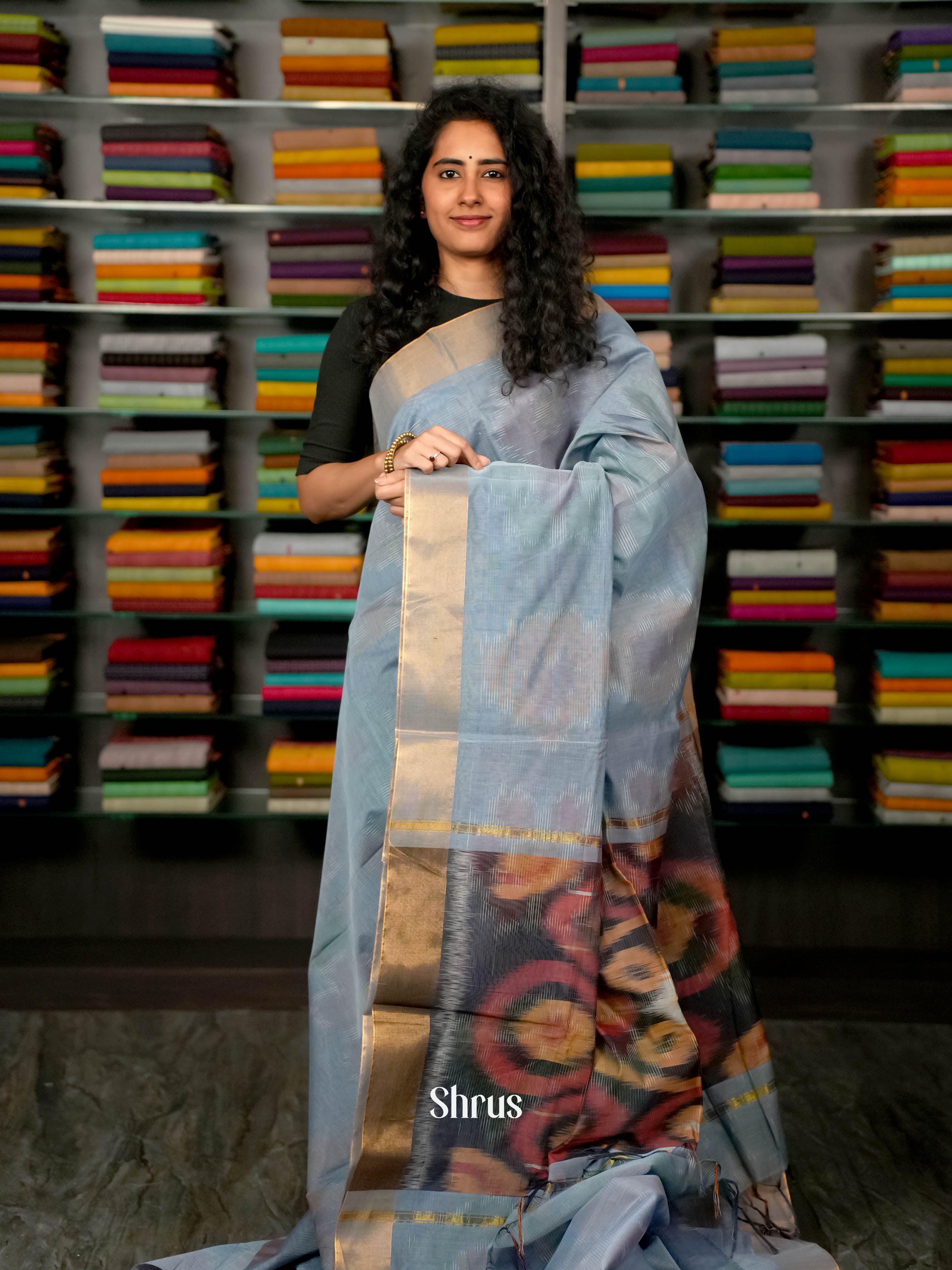 Grey - Ikkat Kora Saree - Shop on ShrusEternity.com