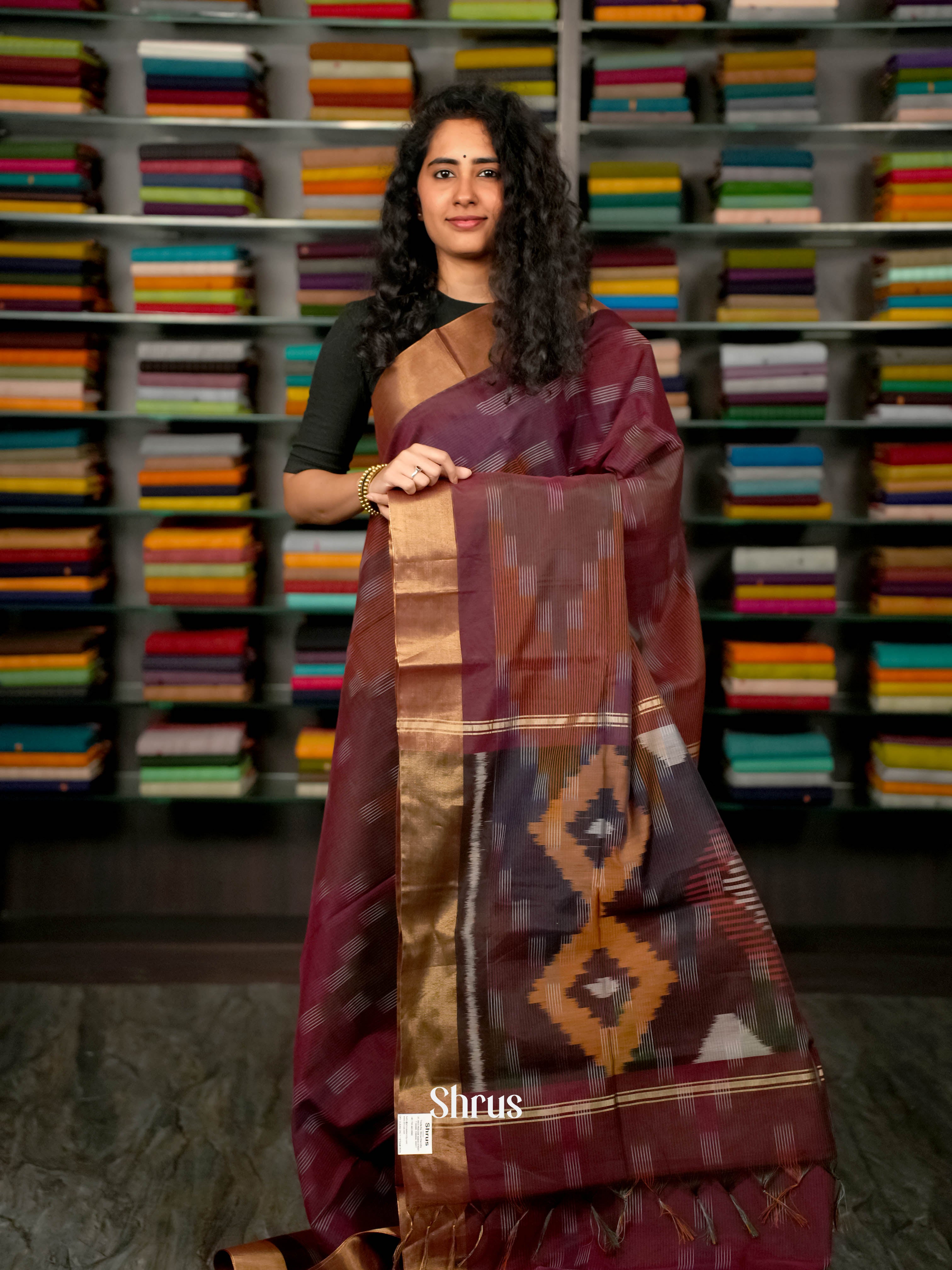 Brown - Ikkat Kora Saree - Shop on ShrusEternity.com