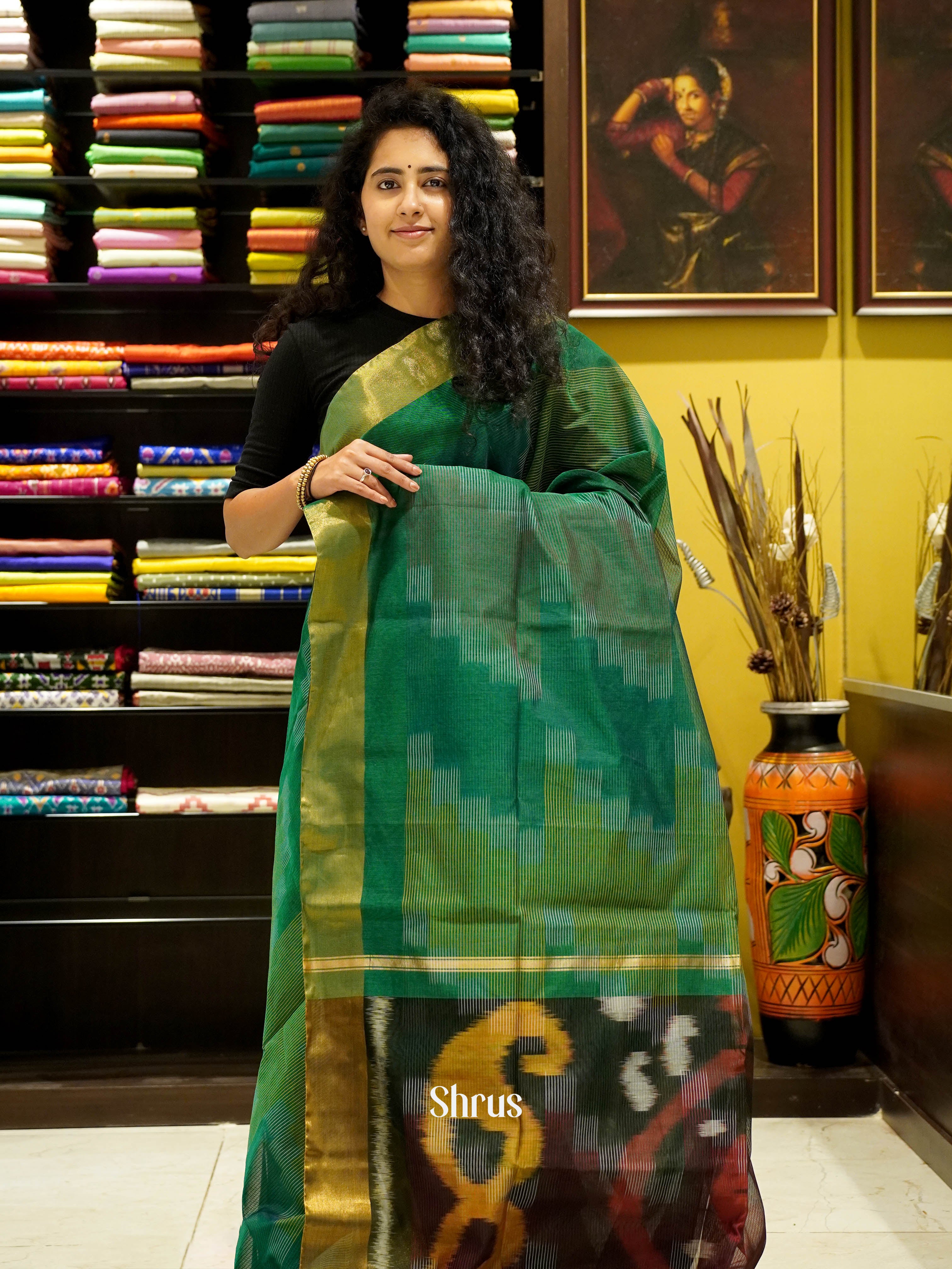 Green - Ikkat Kora Saree - Shop on ShrusEternity.com