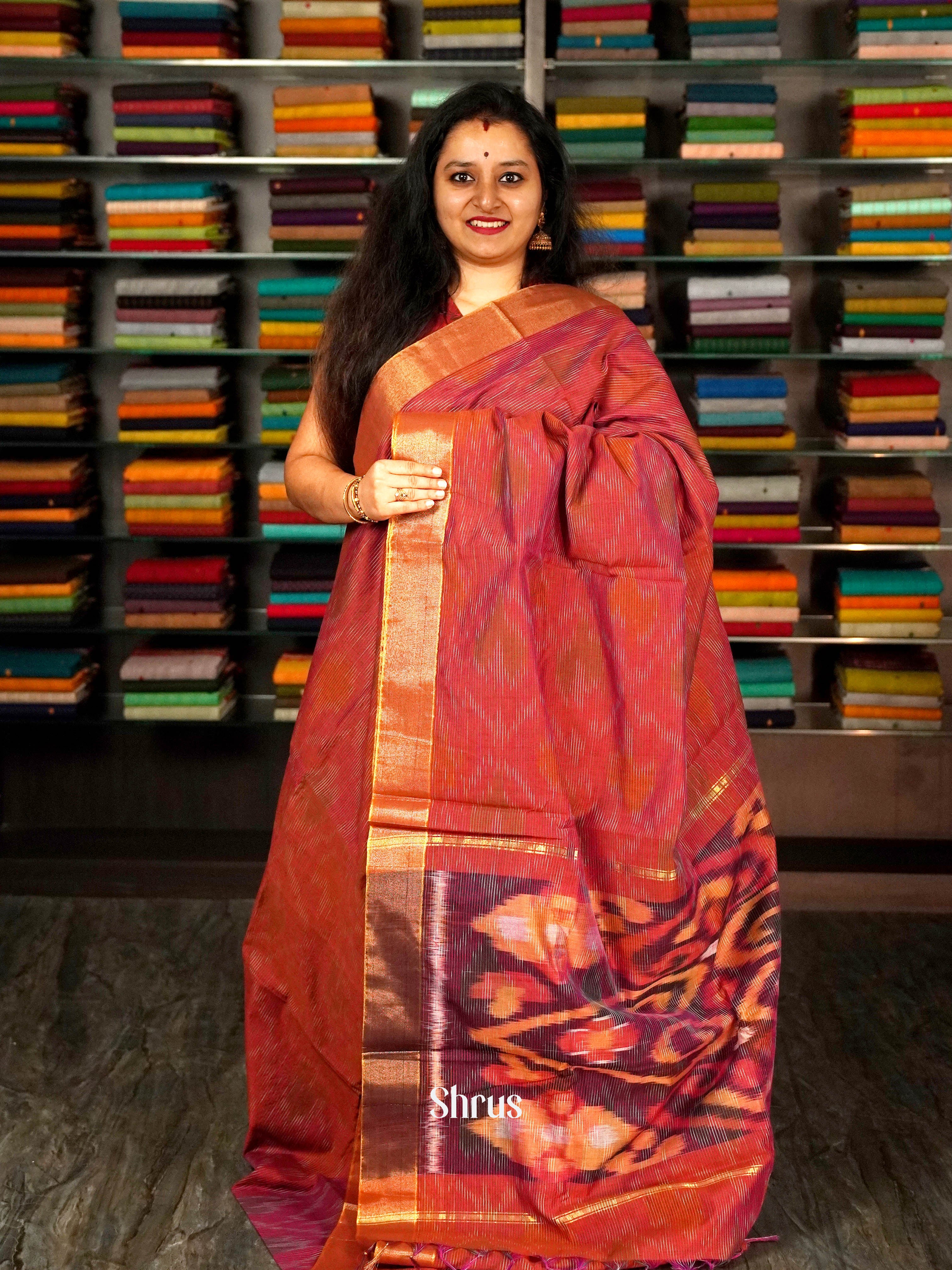 Red & Maroon - Ikkat Kora Saree - Shop on ShrusEternity.com