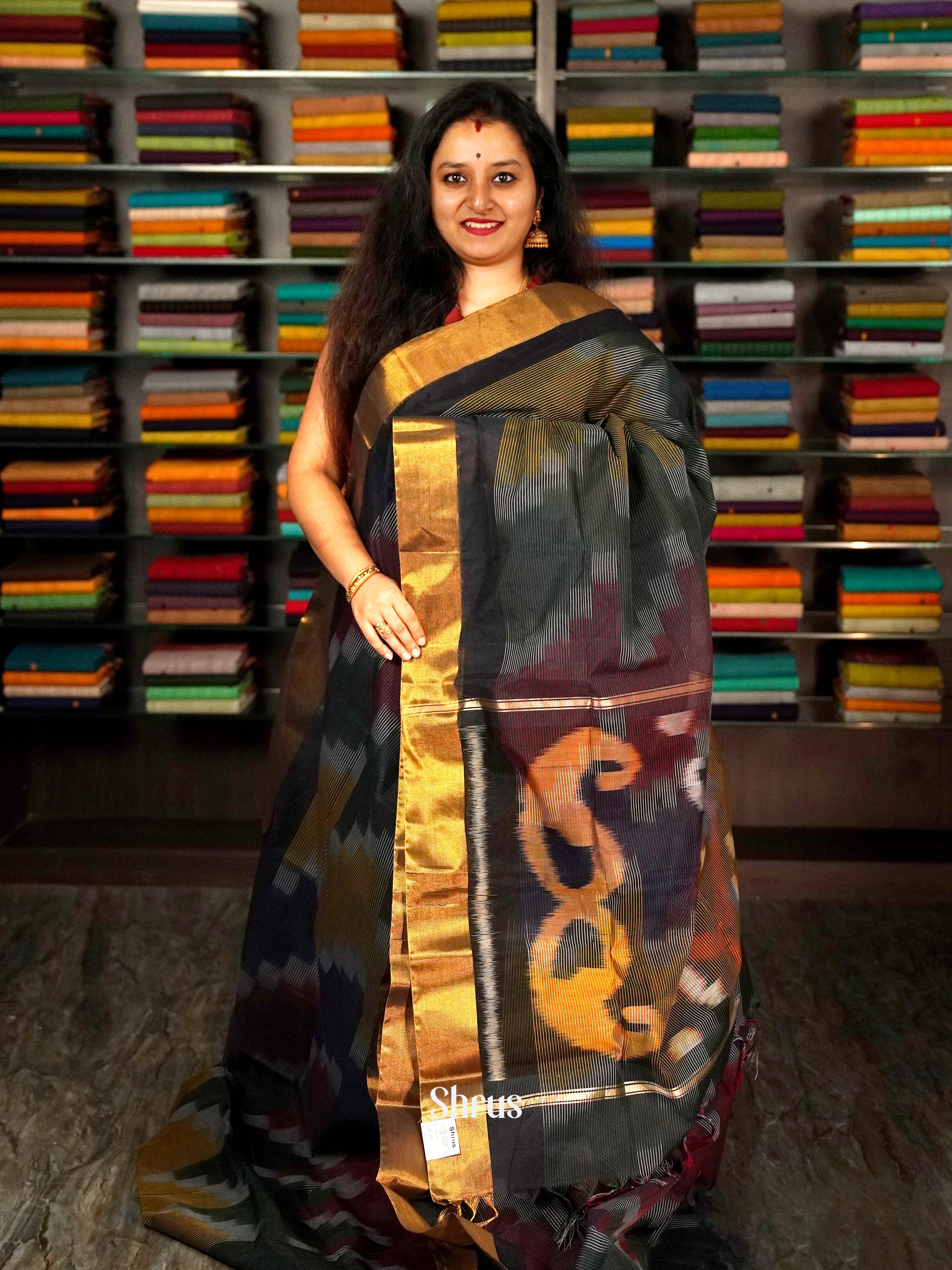 Black & Multicolour - Ikkat Kora Saree - Shop on ShrusEternity.com