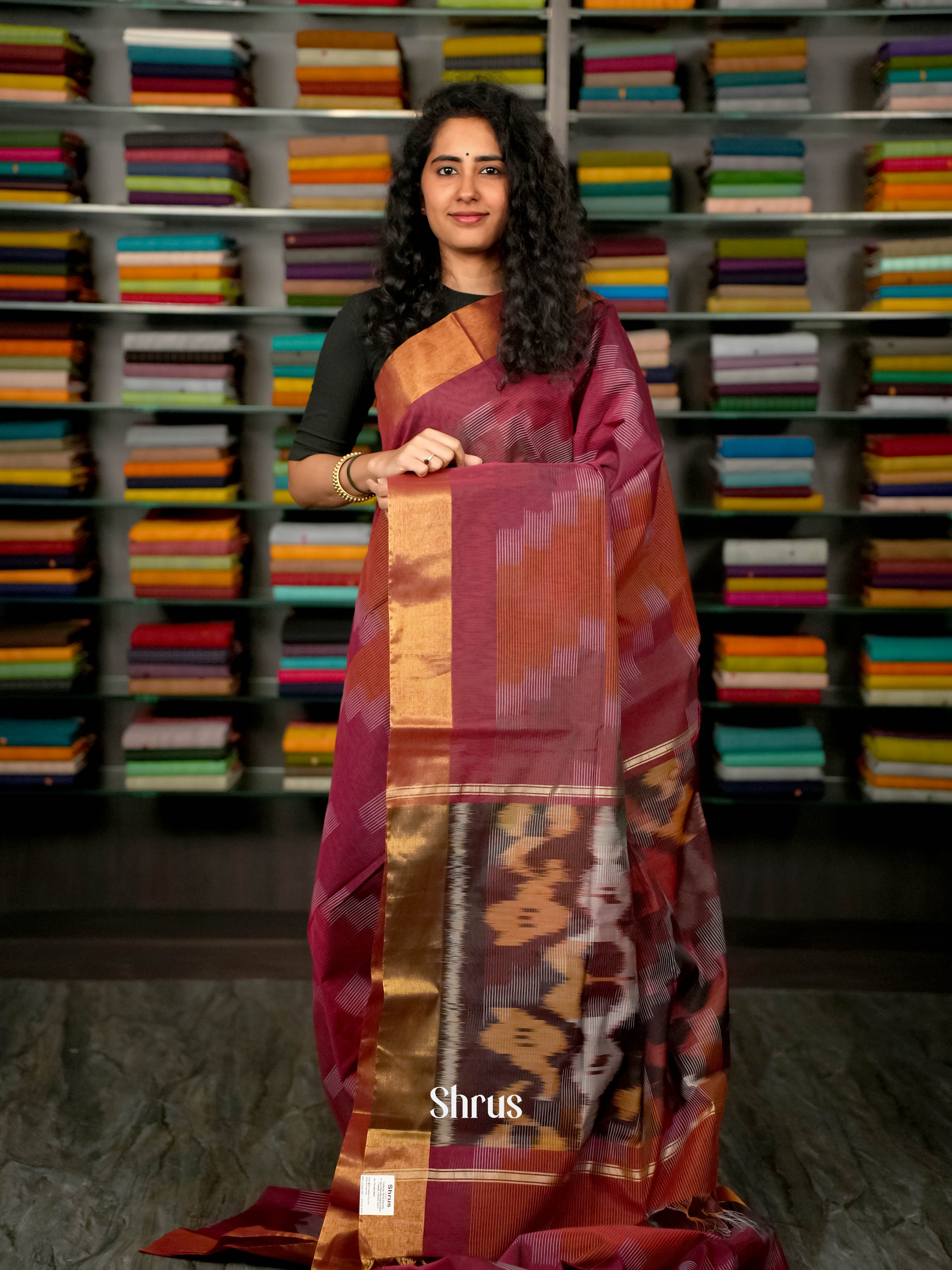 Maroon & Brown - Ikkat Kora Saree - Shop on ShrusEternity.com