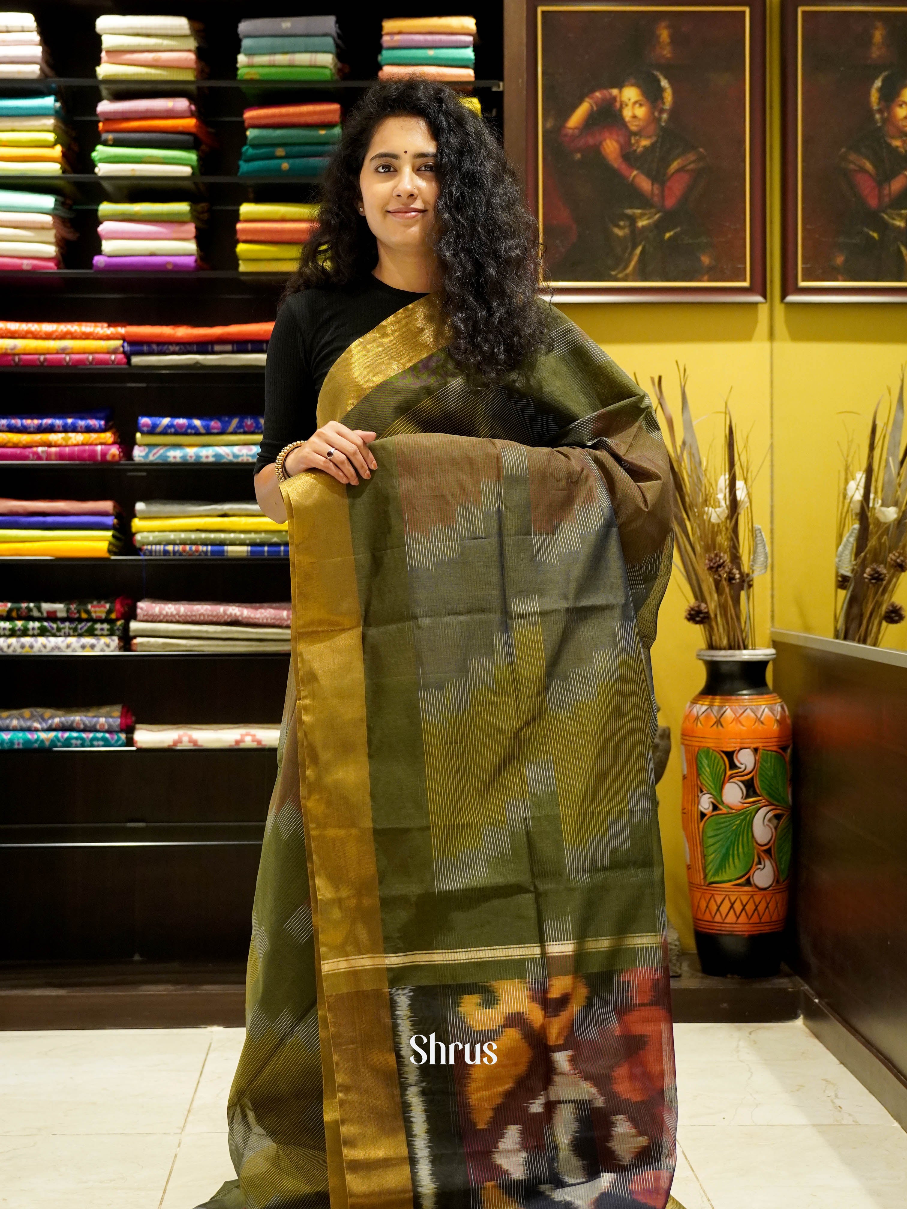 Green & Brown - Ikkat Kora Saree - Shop on ShrusEternity.com