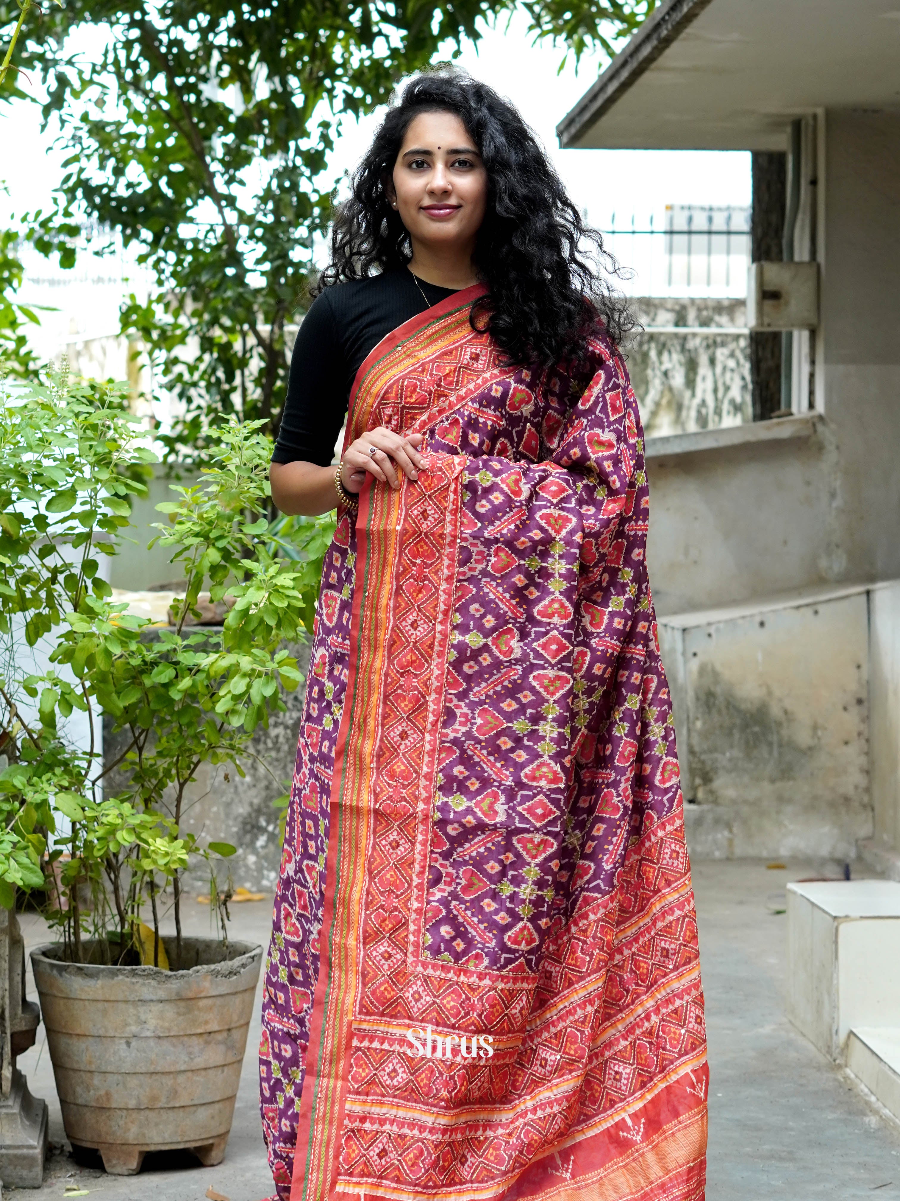 Purple & Red - Semi Kantha Saree - Shop on ShrusEternity.com
