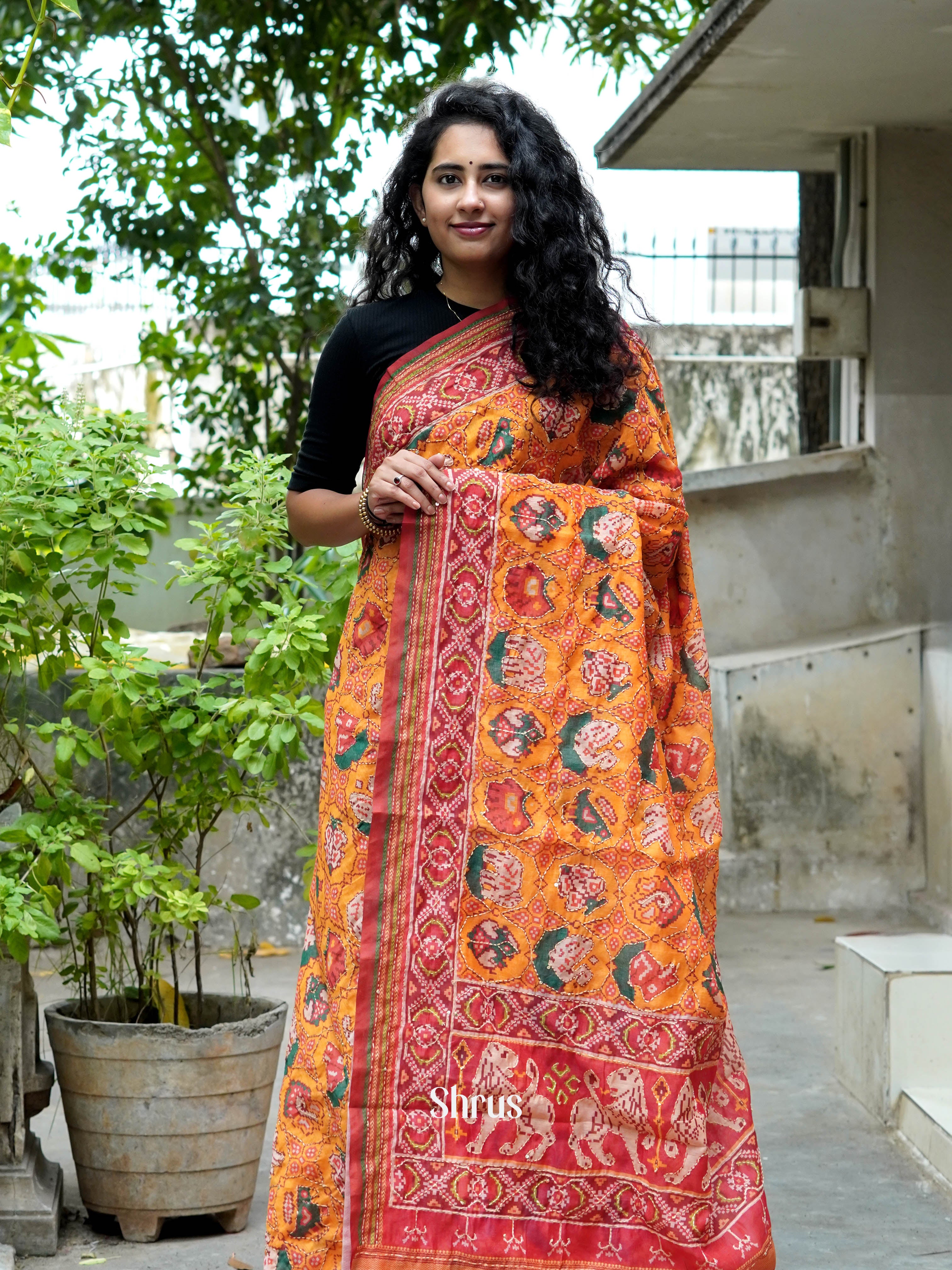 Orange & Red - Semi Kantha Saree - Shop on ShrusEternity.com