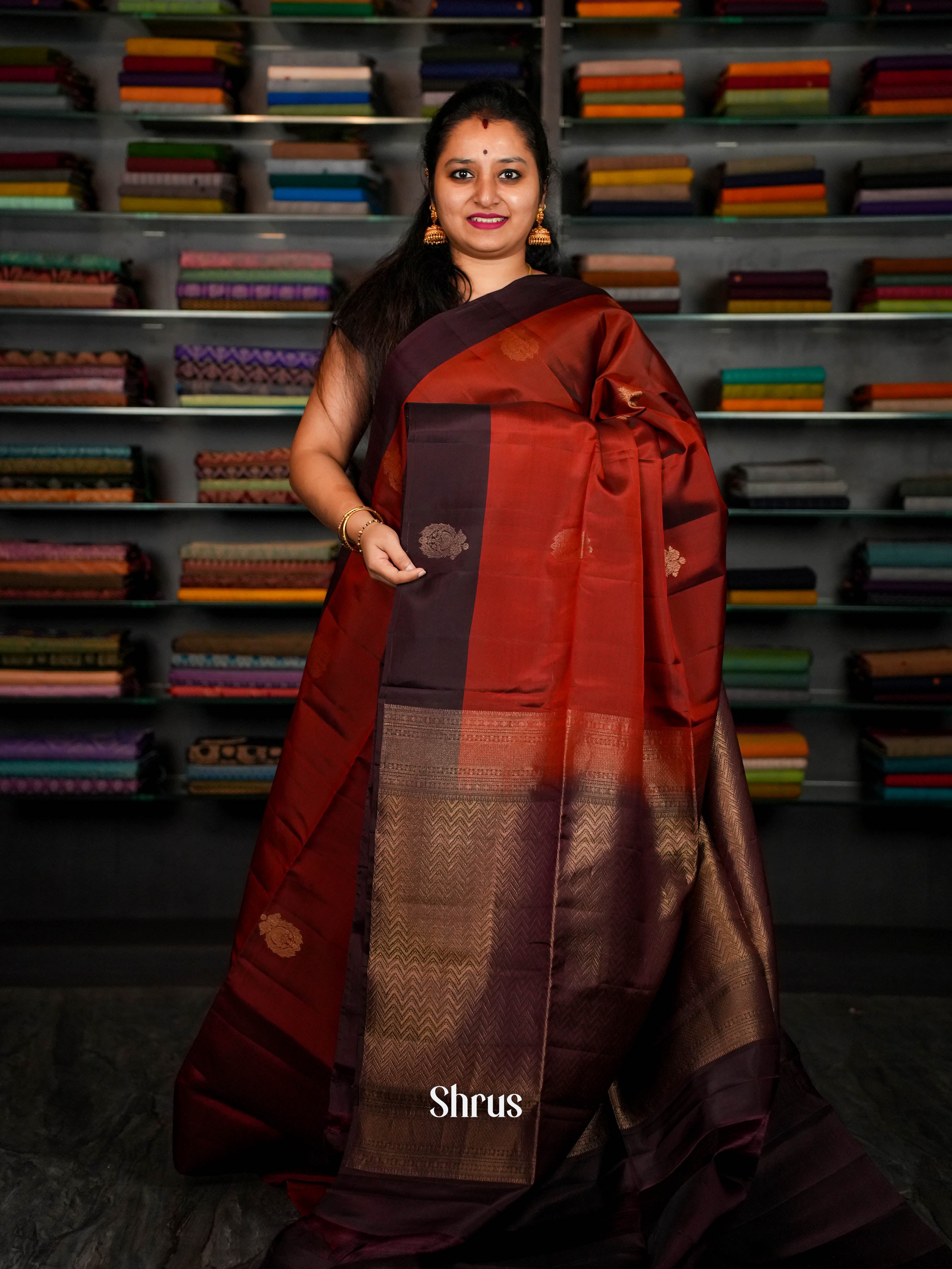 Dark Brown & Reddish Brown - Softsilk-halfpure Saree - Shop on ShrusEternity.com