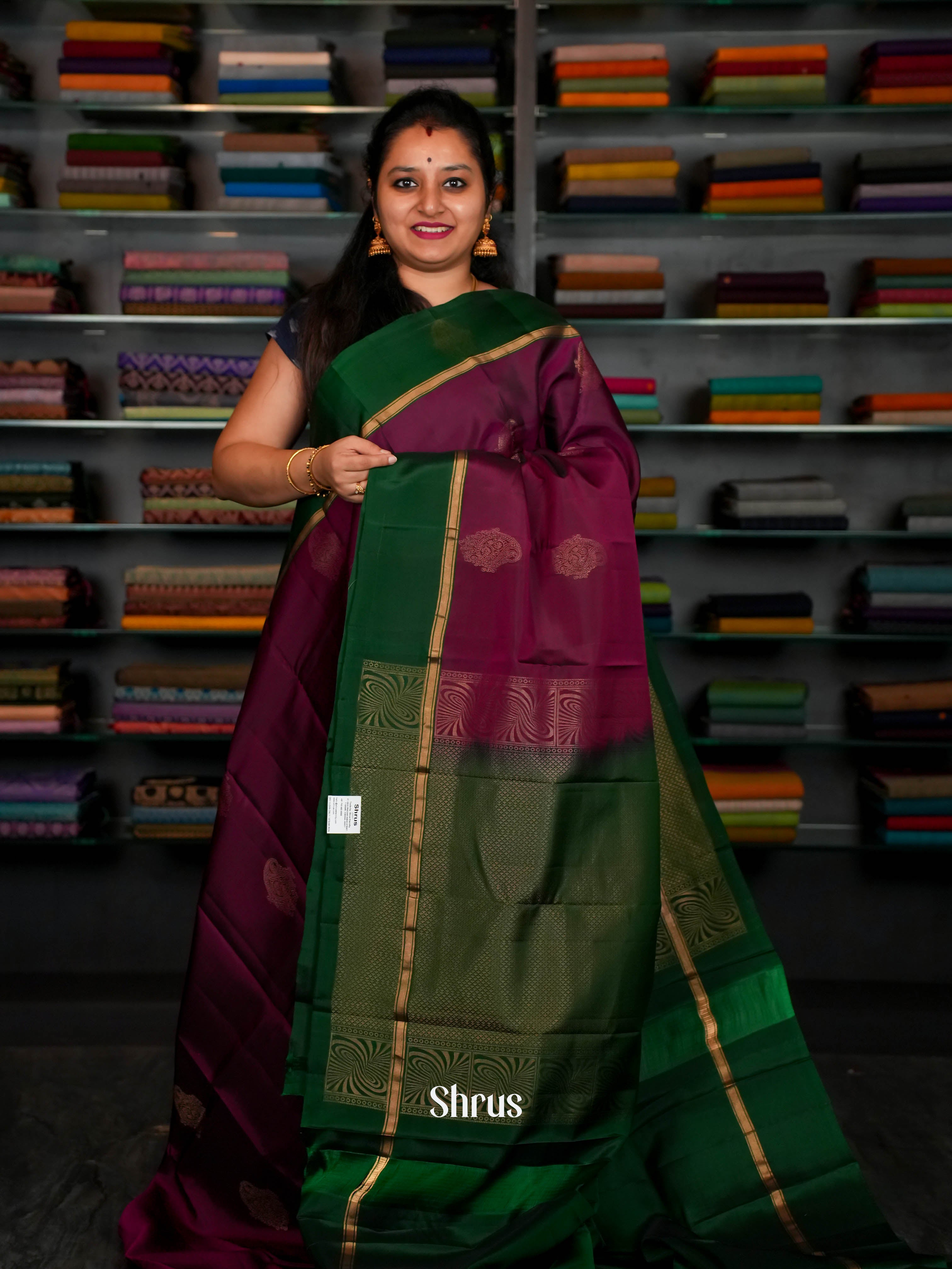 Deep Carmine & Green - Softsilk-halfpure Saree - Shop on ShrusEternity.com