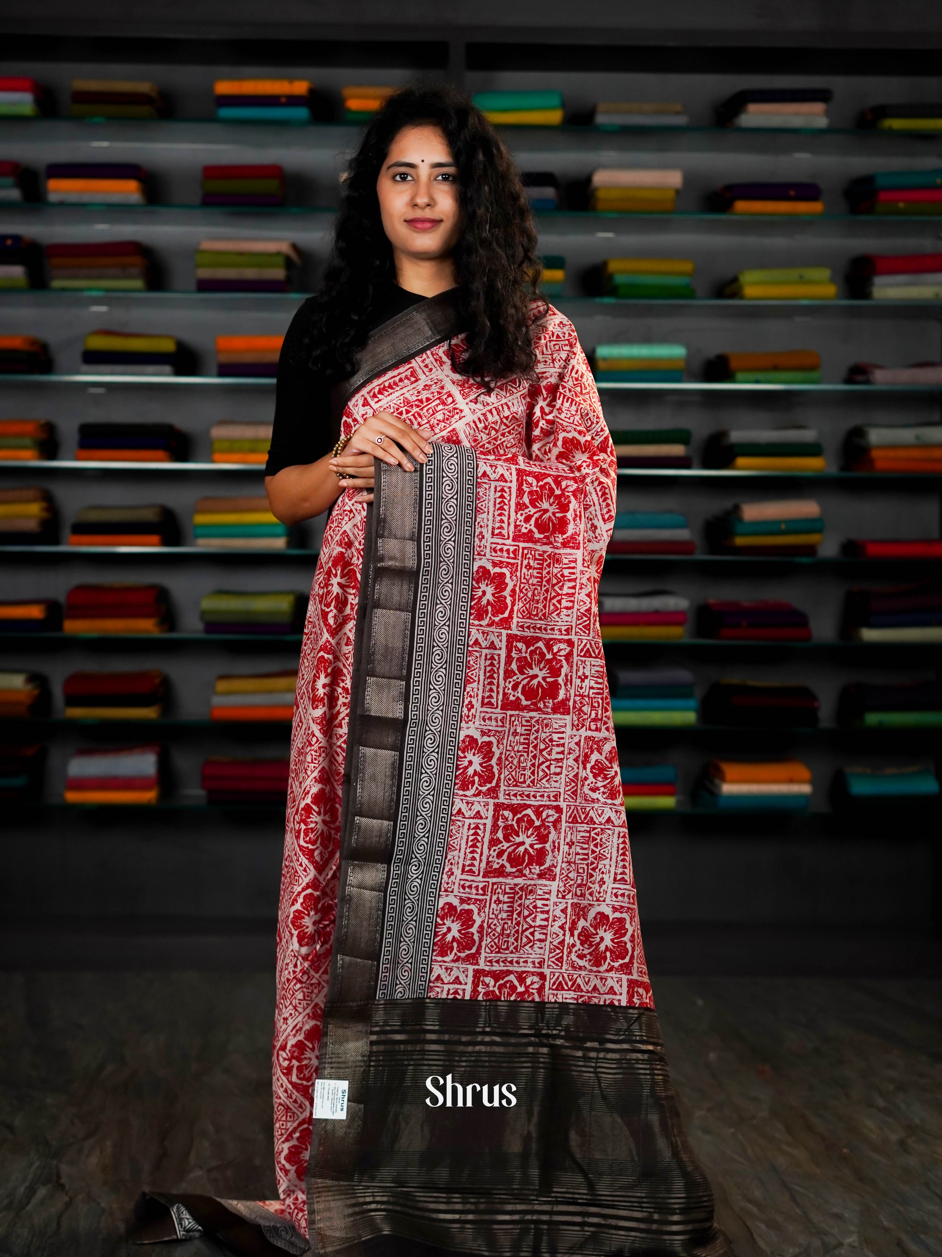 Creamy Red & Black - Art Modal Saree - Shop on ShrusEternity.com