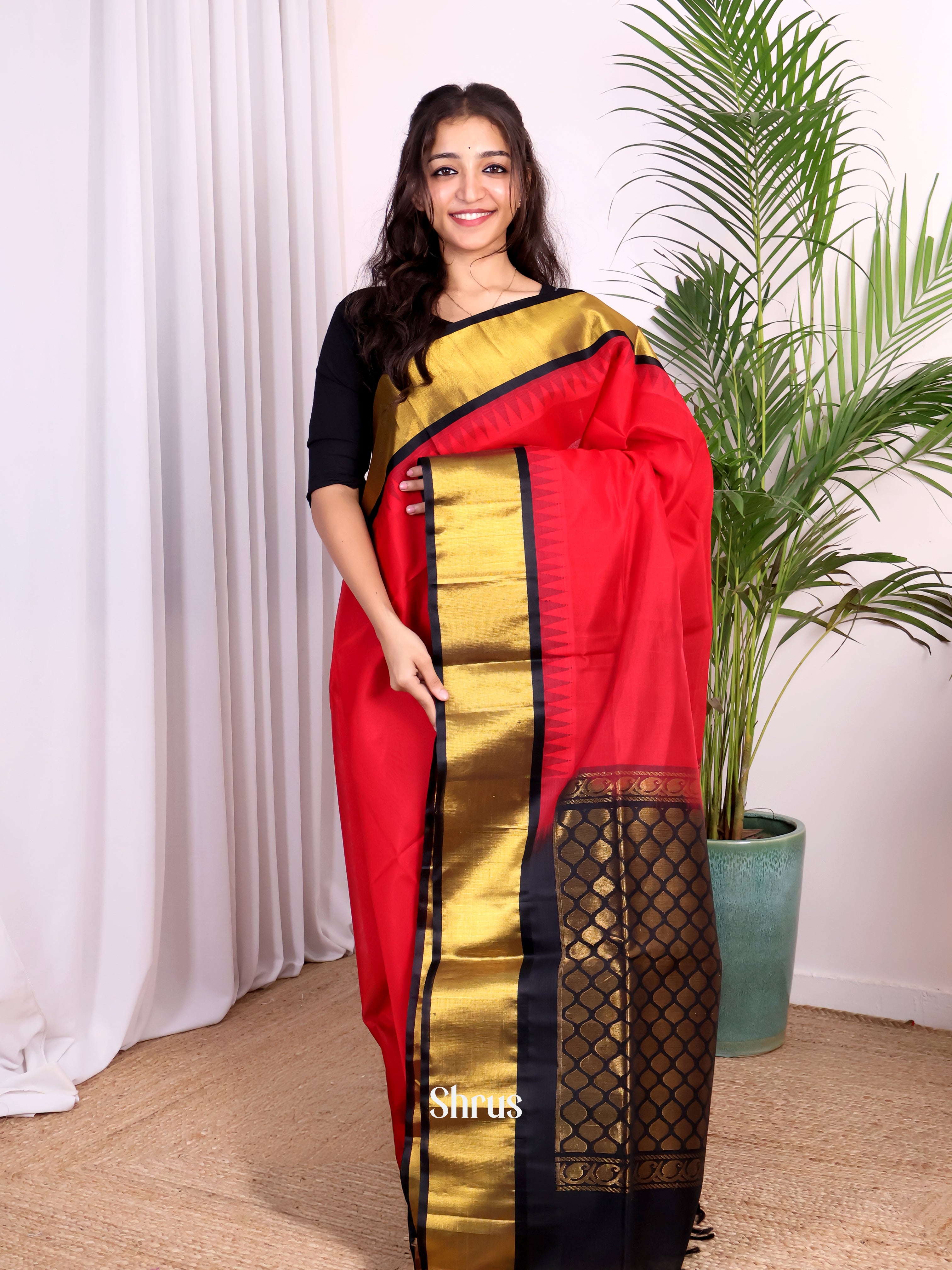 Fiery Red Silk Cotton Saree With Plain Body And Contrast Black Border With Golden Zari Woven Temple Design - Shop on ShrusEternity.com