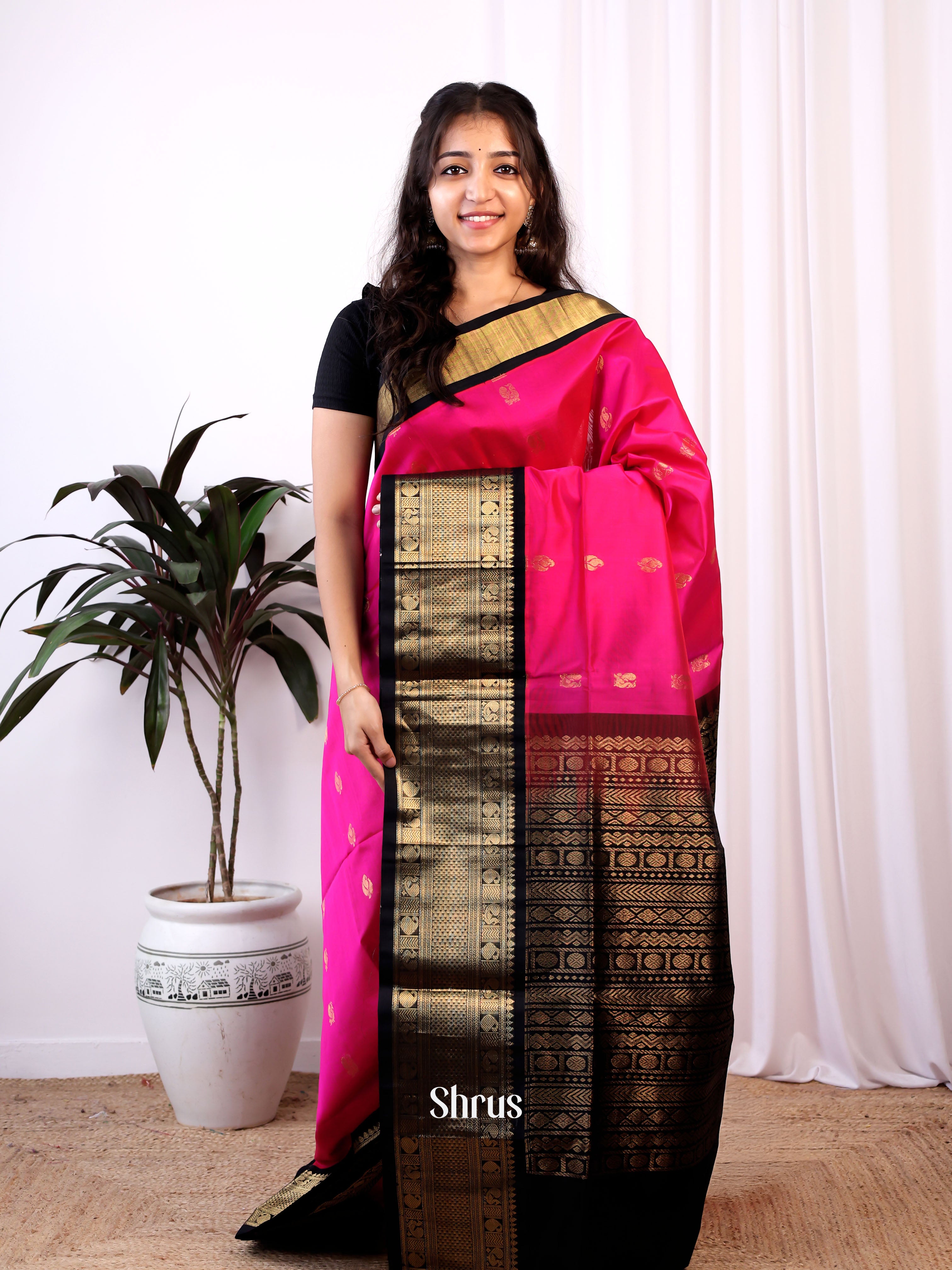 Pink & Black- Silk Cotton Saree - Shop on ShrusEternity.com