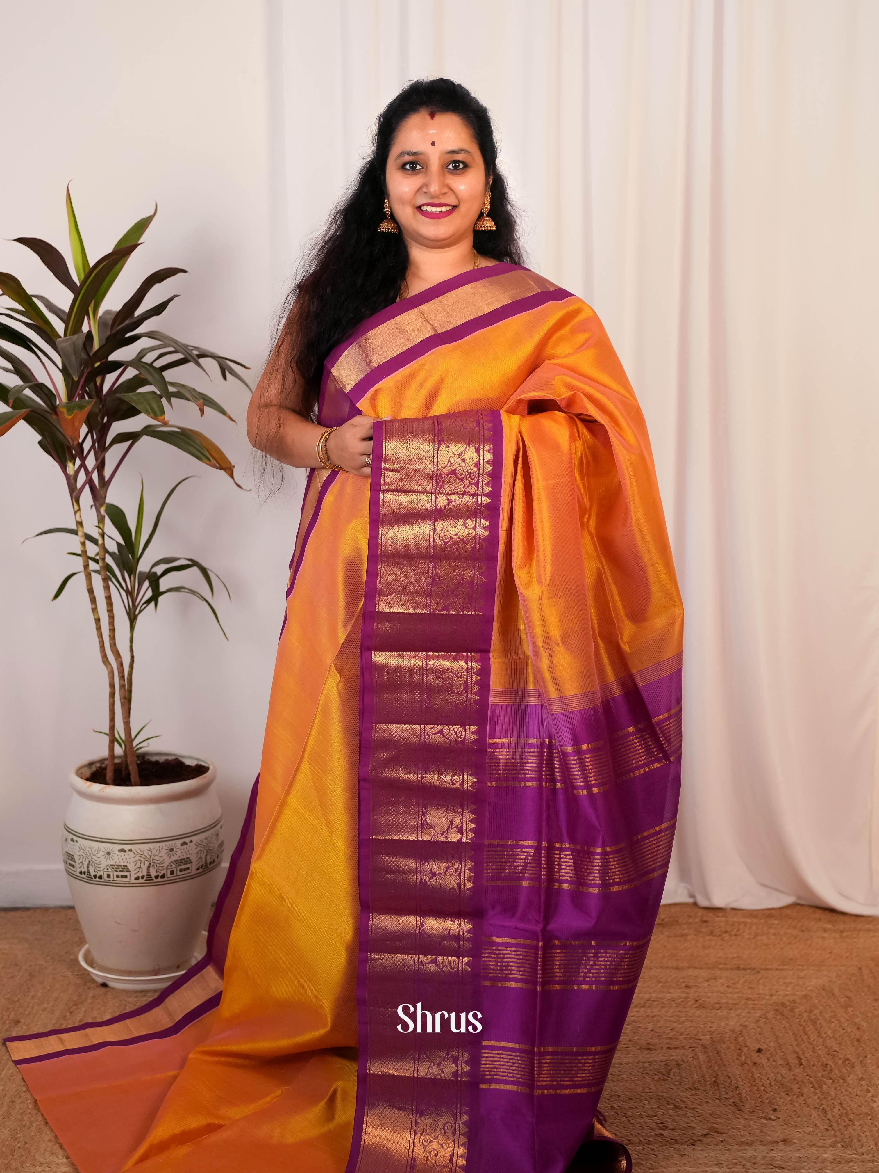 Mustard & Purple -Silk Cotton Saree - Shop on ShrusEternity.com