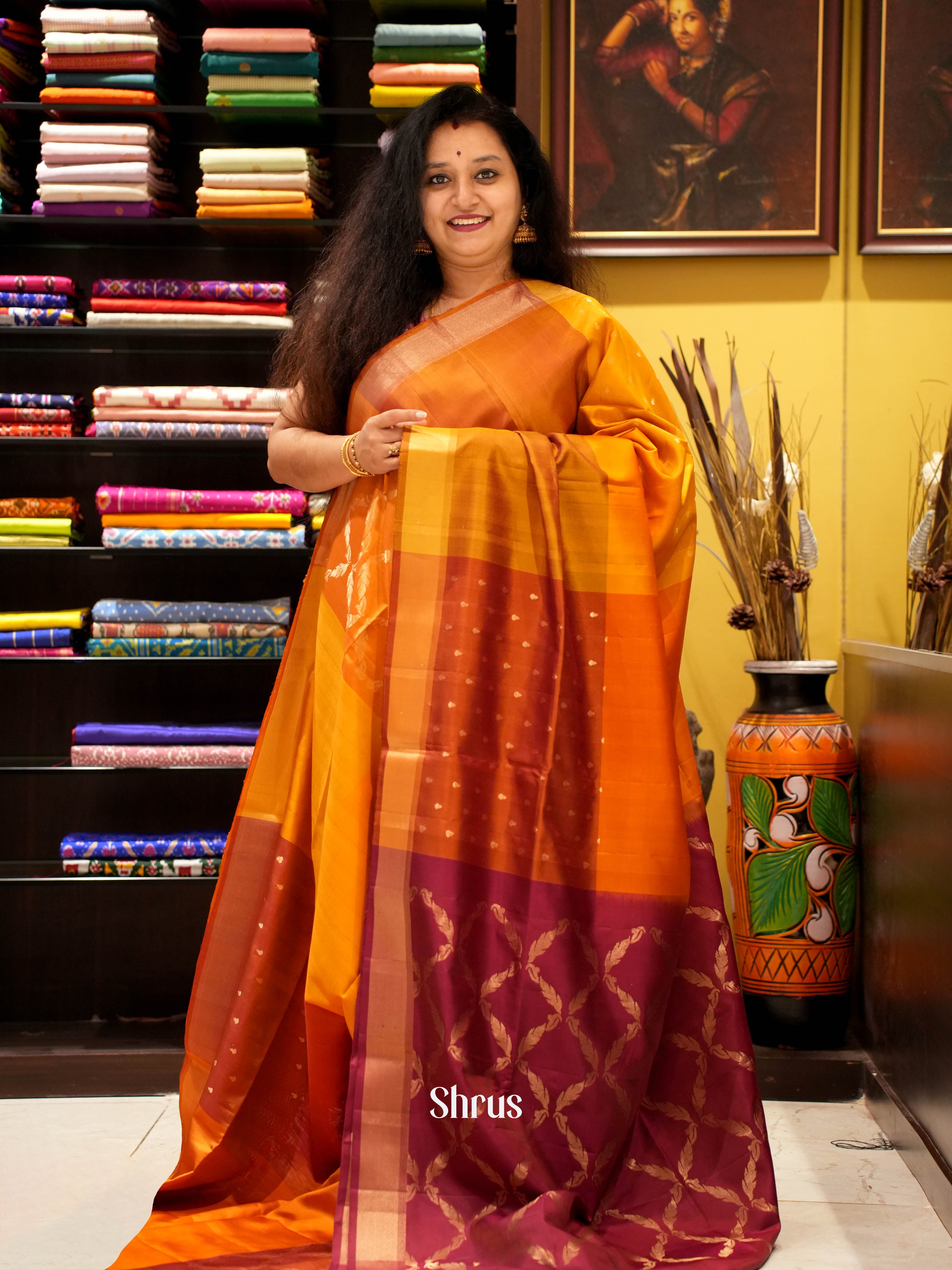 Mustard & Maroon - Soft Silk Saree - Shop on ShrusEternity.com