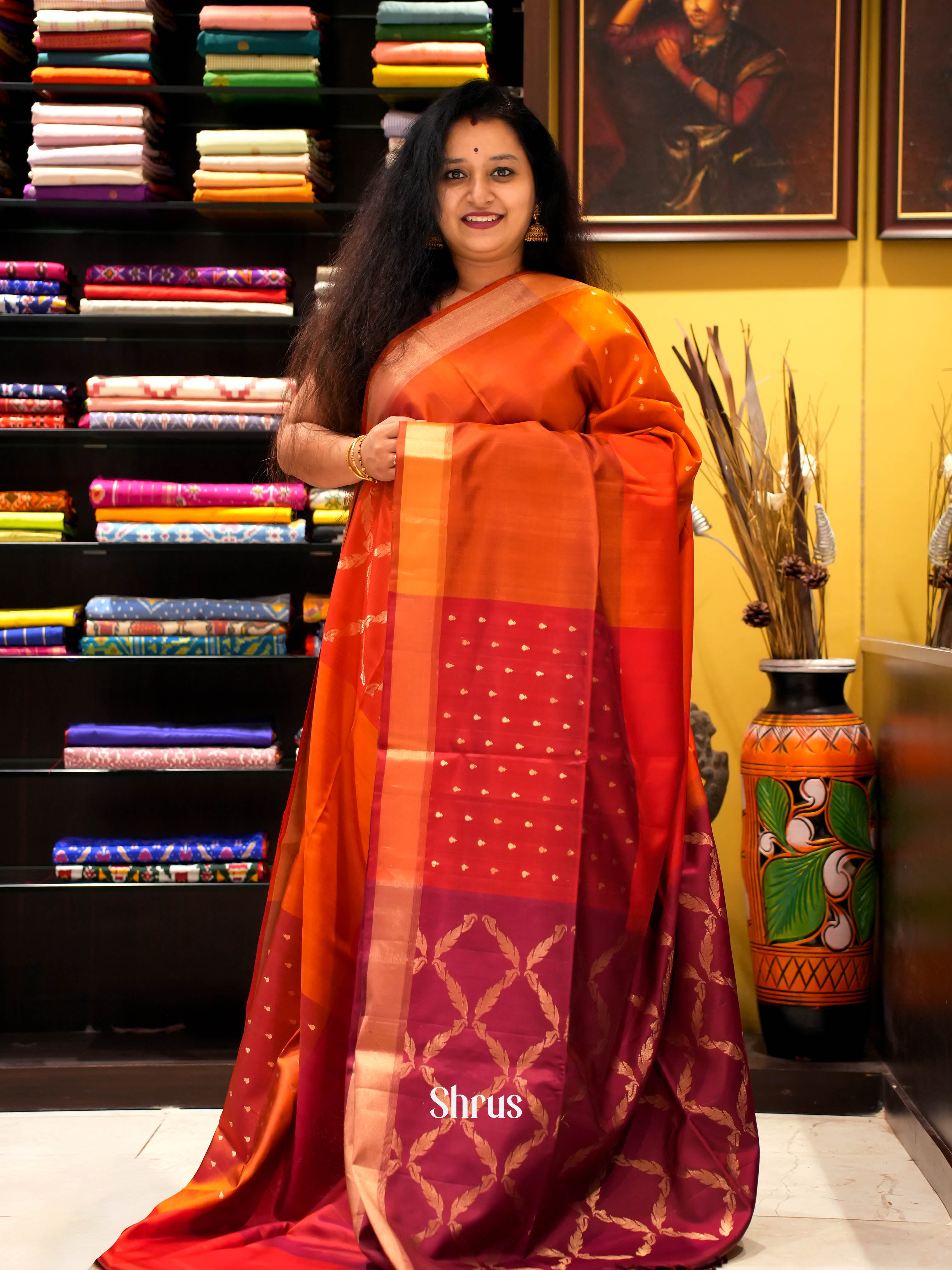Orange & Maroon - Soft Silk Saree - Shop on ShrusEternity.com