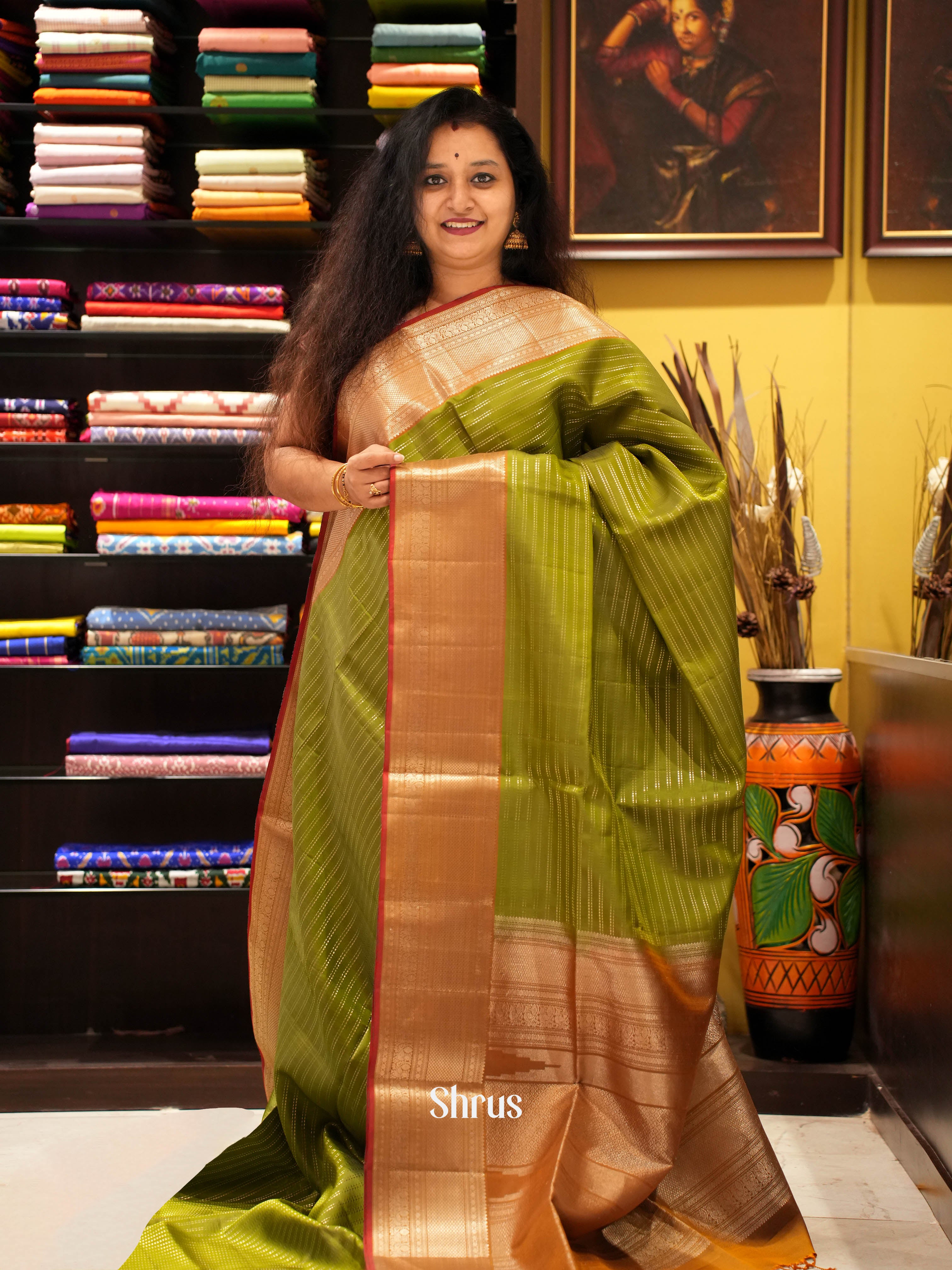 Green & Mustard - Soft Silk Saree - Shop on ShrusEternity.com