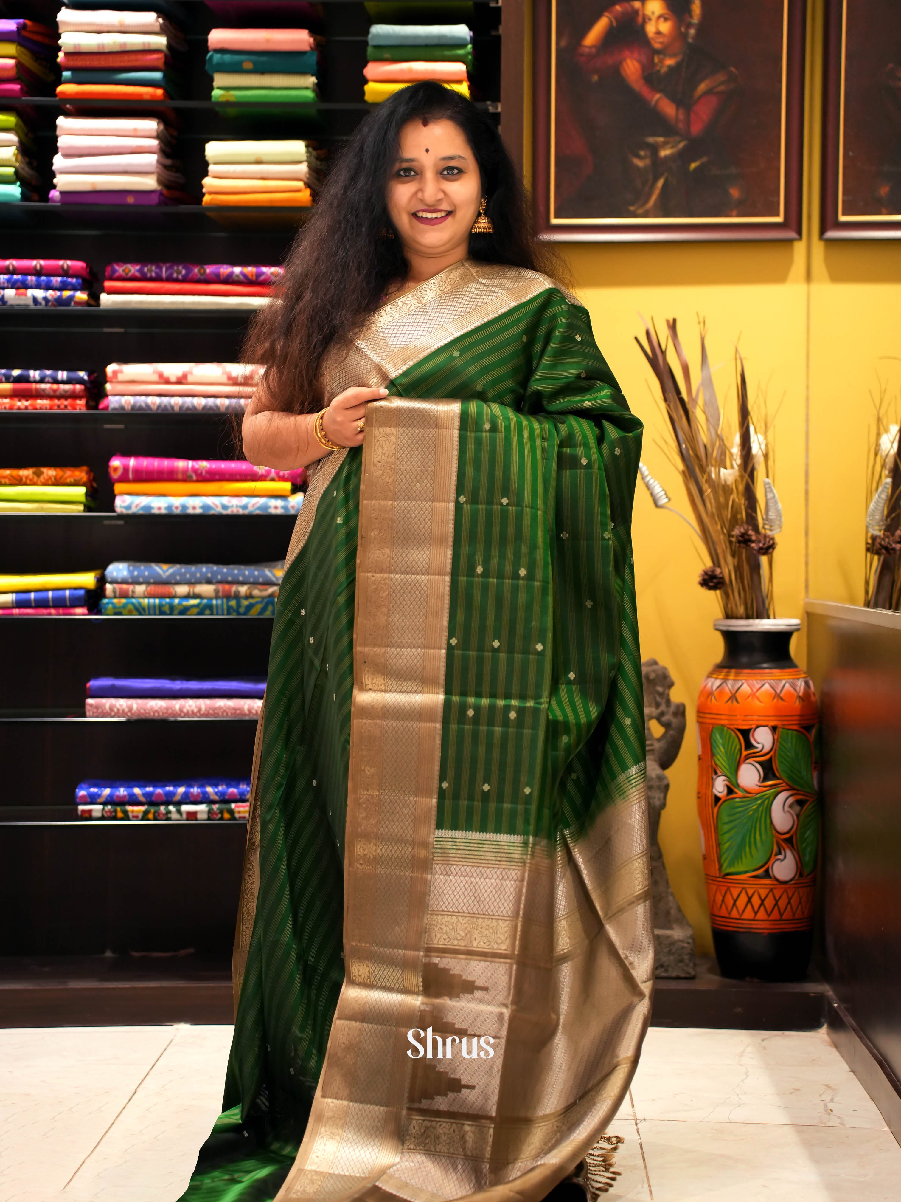 Green & Dull Gold - Soft Silk Saree - Shop on ShrusEternity.com