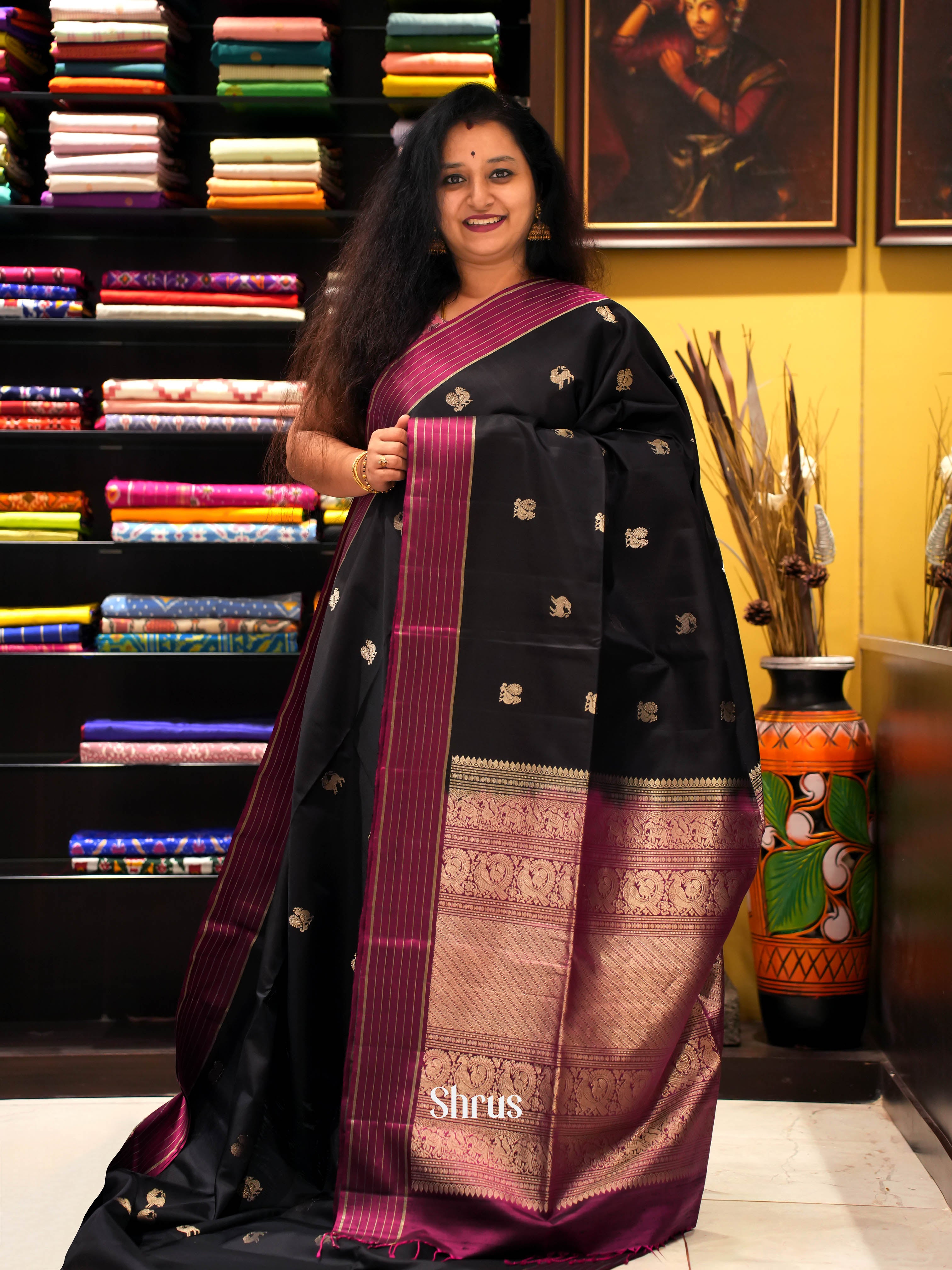 Black & Wine - Soft Silk Saree - Shop on ShrusEternity.com