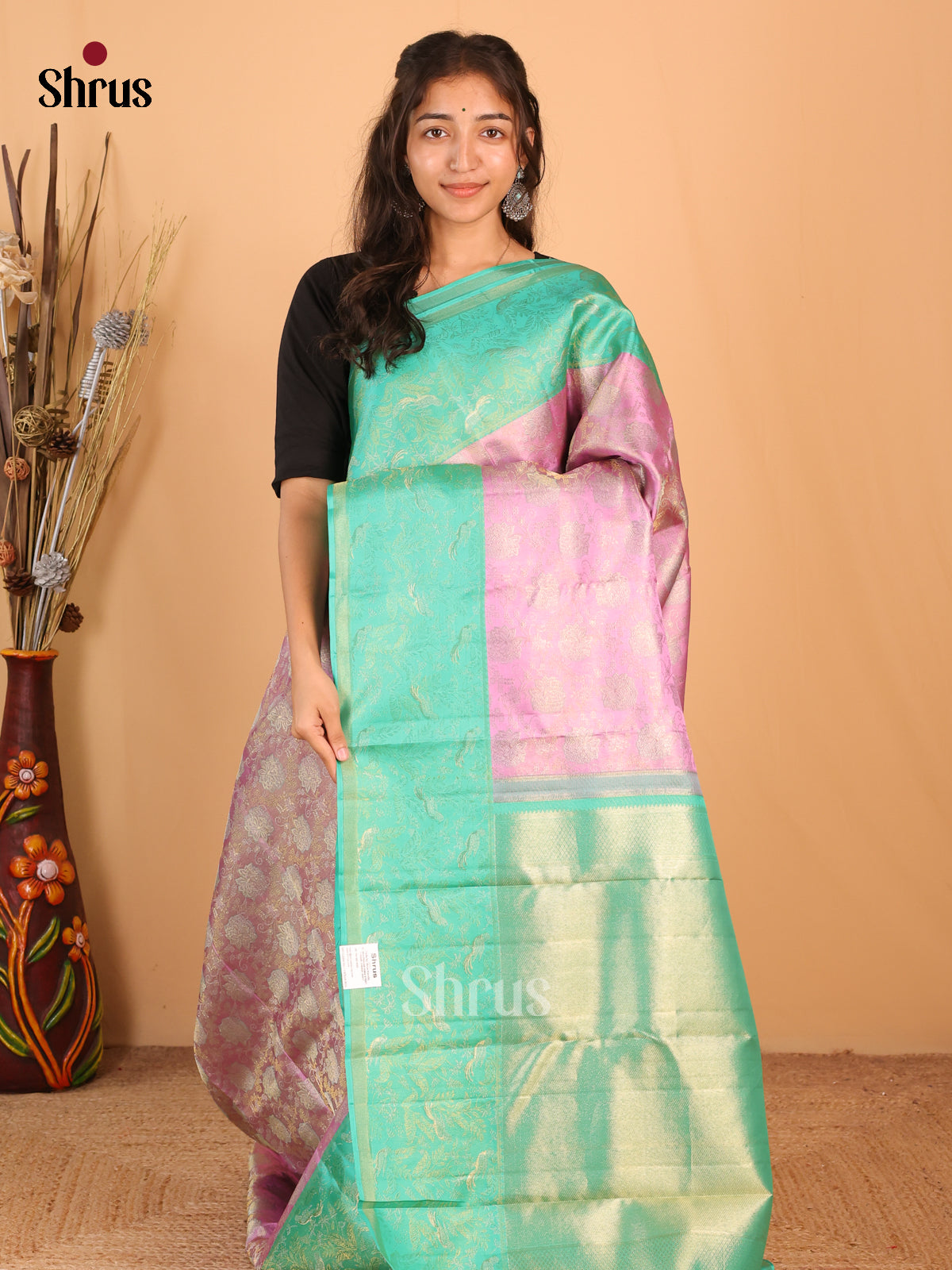 Pink and Green Kanchipuram silk Saree with Zari Woven Floral Brocade Design-1