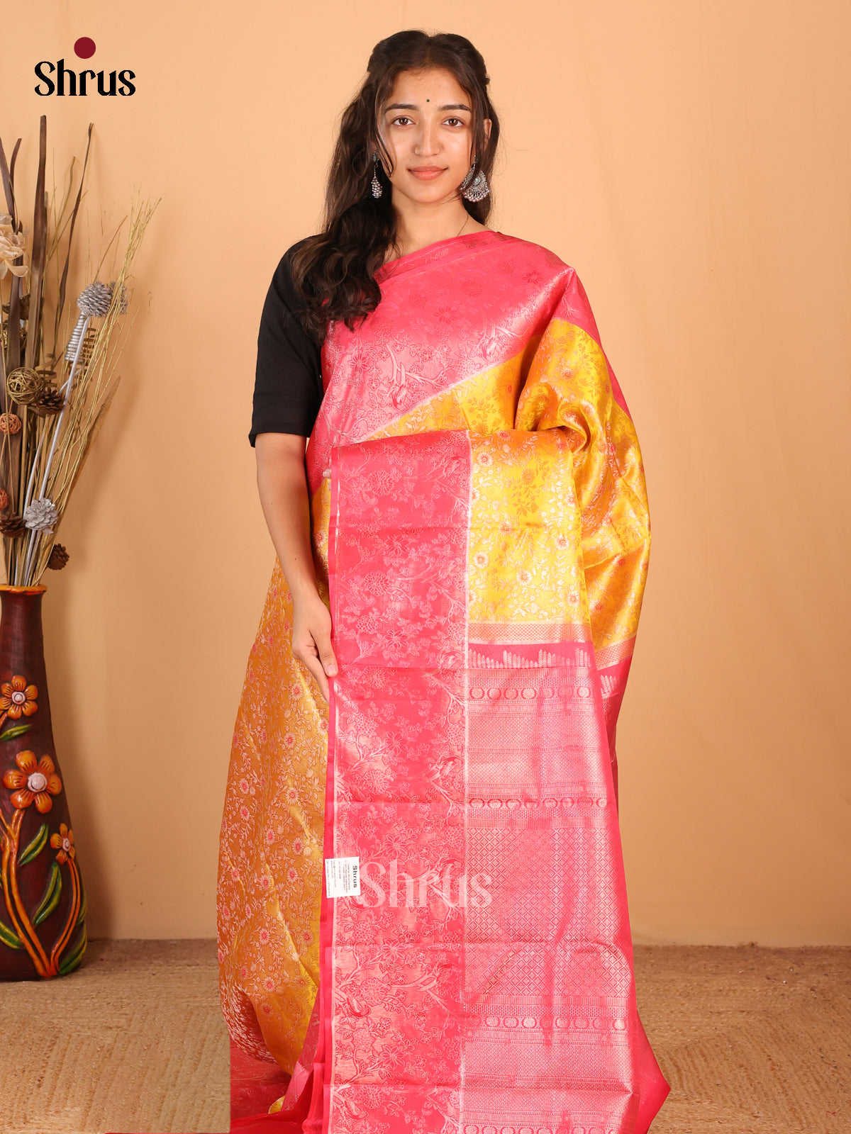 Yellow and Pink Kanchipuram silk Saree with Zari Woven Floral Brocade Design-1