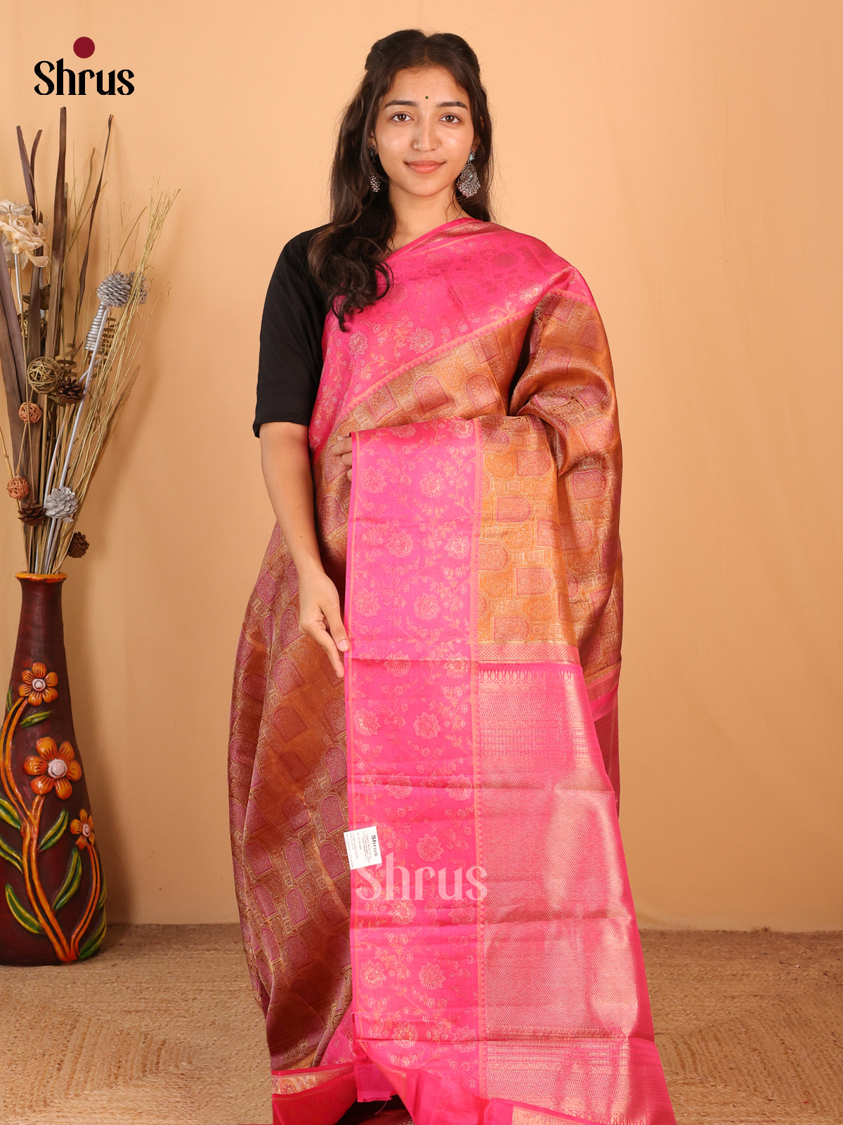 Brown and Pink Kanchipuram silk Saree With Zari Woven Brocade Design-1