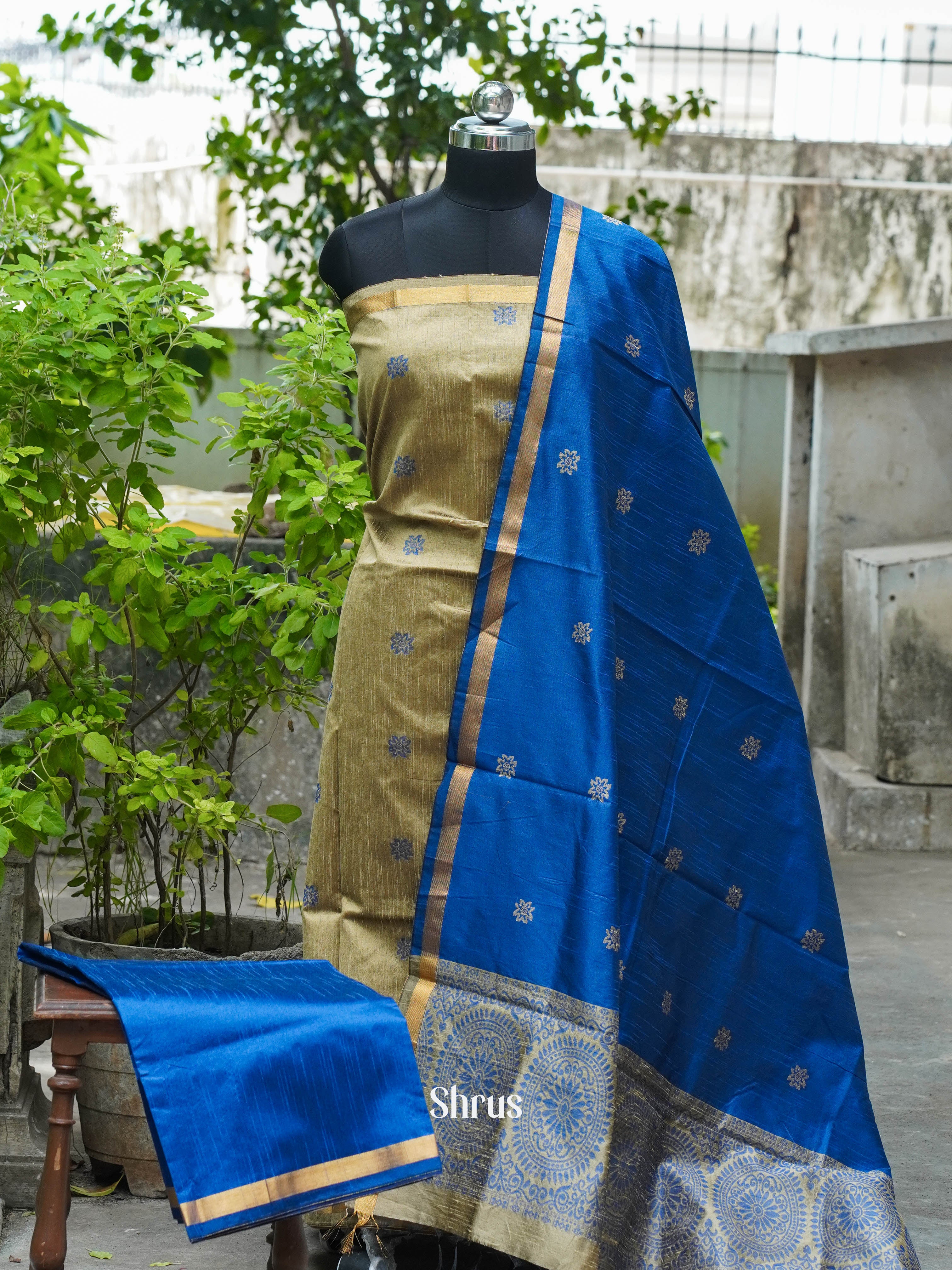 Antique Gold & Blue -Semi rawsilk salwar - Shop on ShrusEternity.com