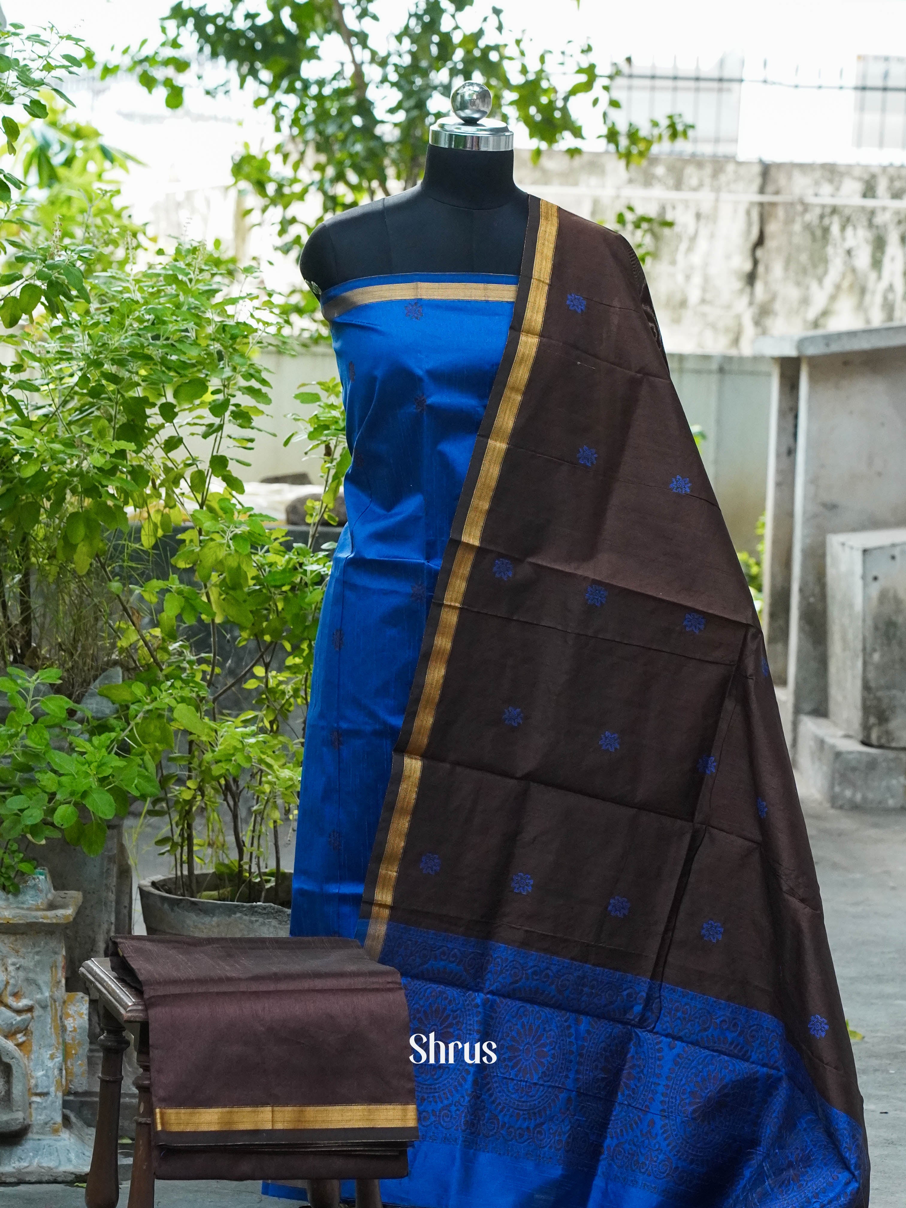 Blue & Dark Brown - Semi rawsilk salwar - Shop on ShrusEternity.com