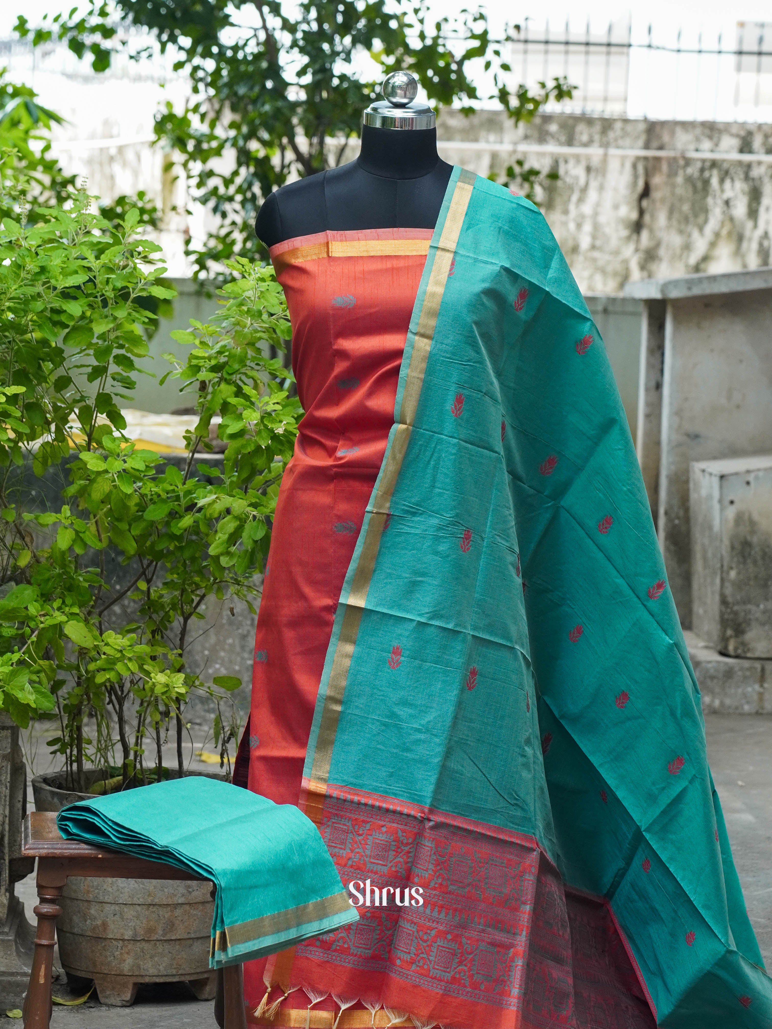 Orangish Red & Green - Semi rawsilk salwar - Shop on ShrusEternity.com