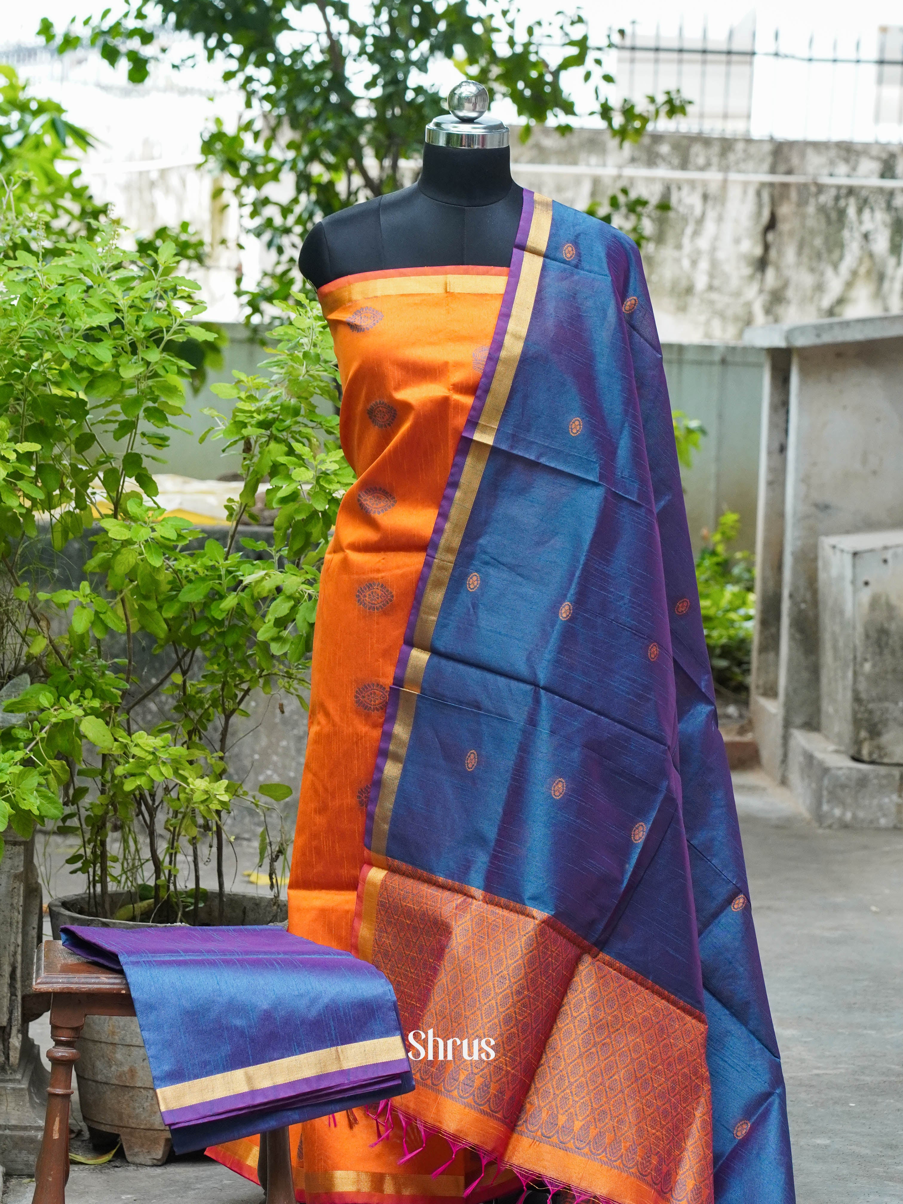 Orange & Double Shaded Blue- Semi rawsilk salwar - Shop on ShrusEternity.com