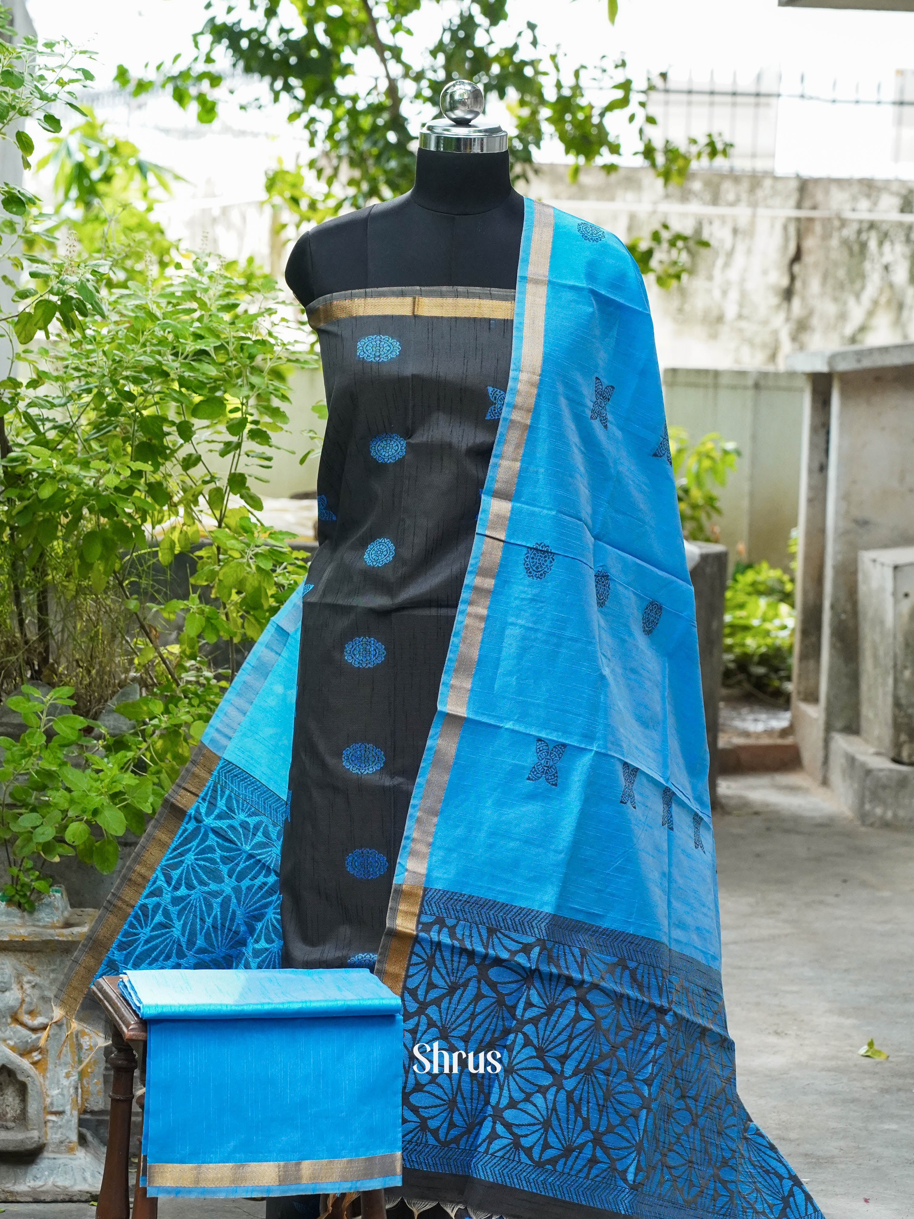 Steel Grey and Sky Blue - Semi rawsilk salwar - Shop on ShrusEternity.com