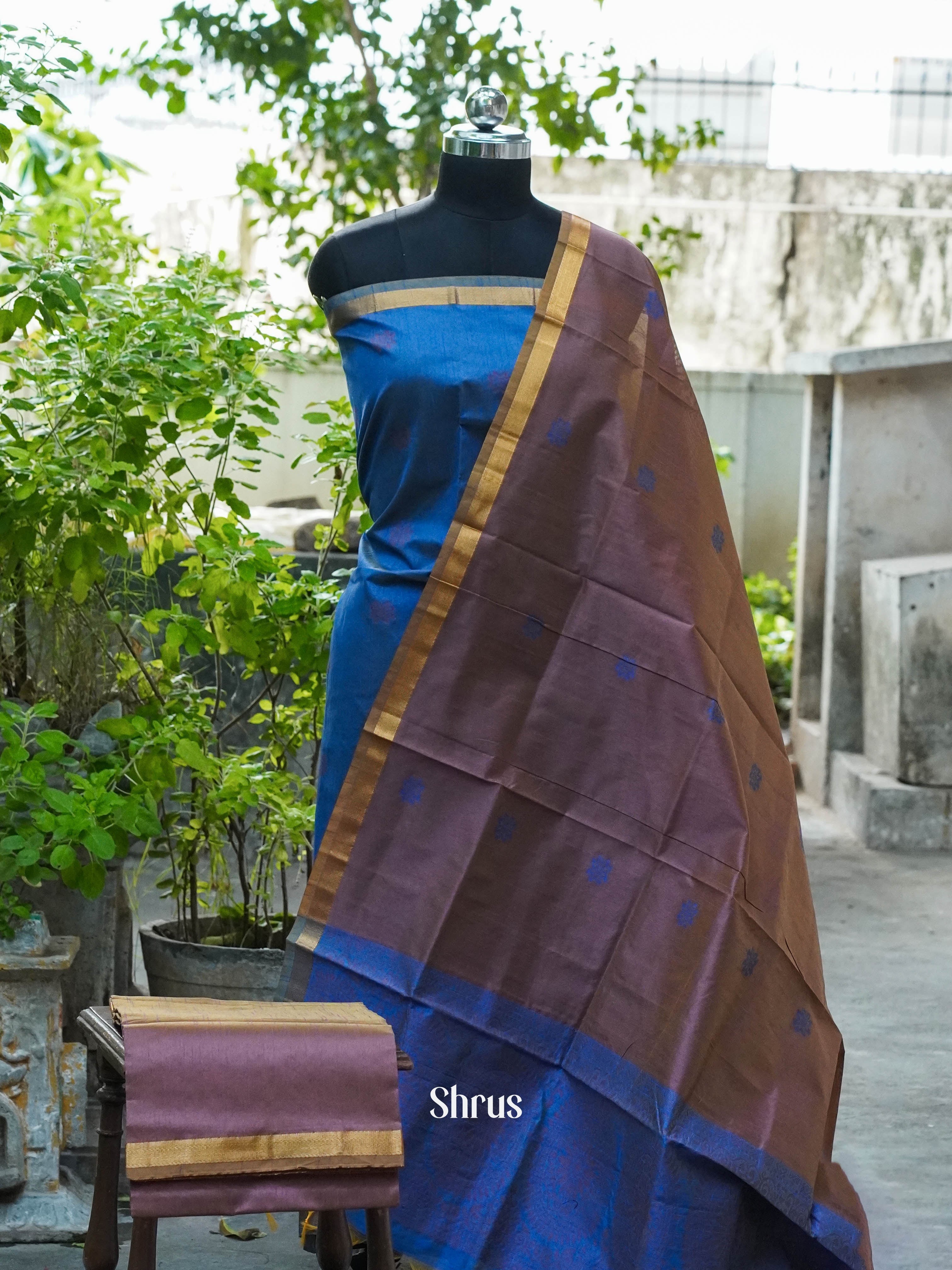 Double Shaded Blue and Chocolate Brown - Semi rawsilk salwar - Shop on ShrusEternity.com