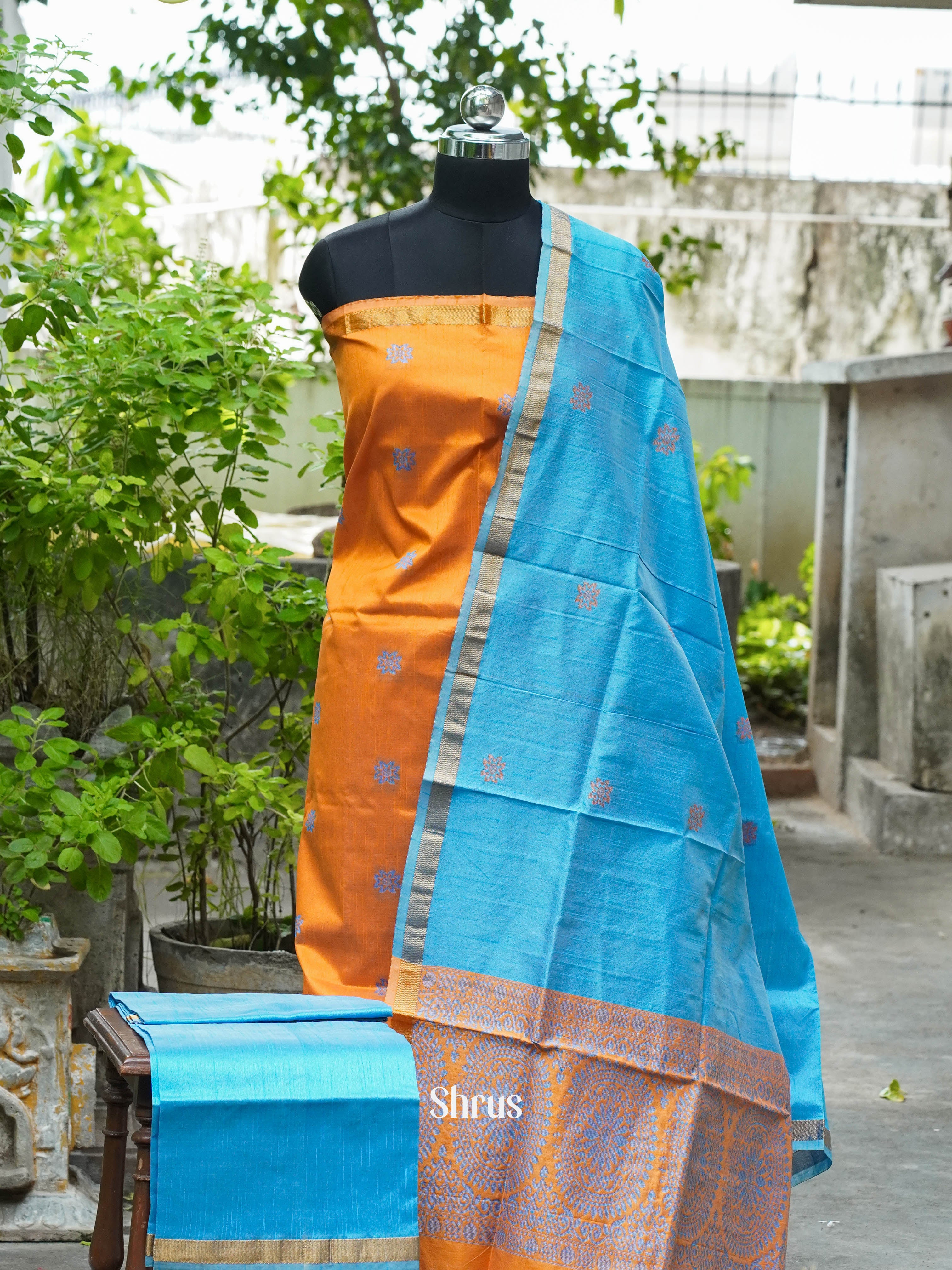 Tangerine Orange & Sky Blue - Semi rawsilk salwar - Shop on ShrusEternity.com