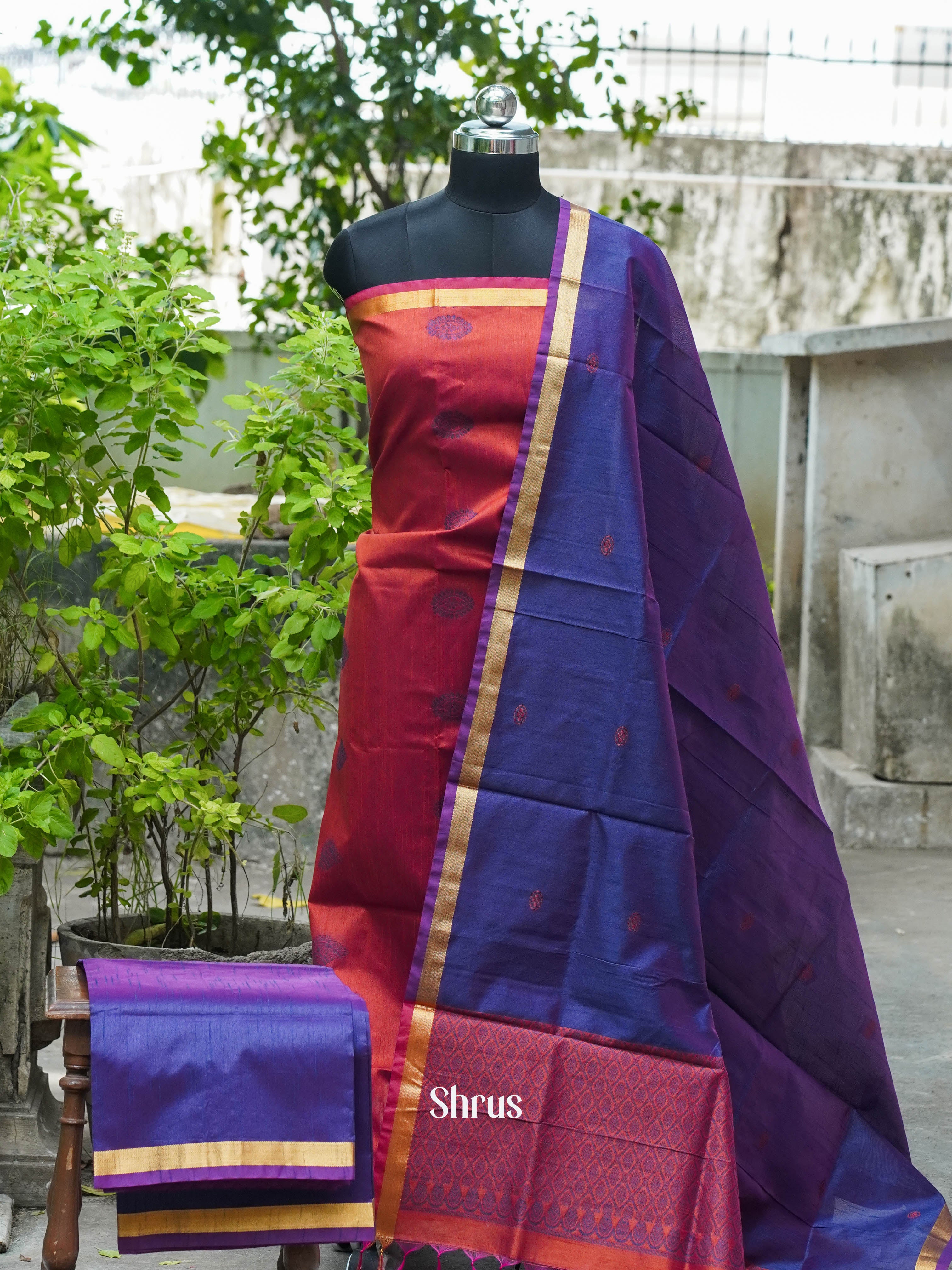 Red & Double Shaded Blue - Semi rawsilk salwar - Shop on ShrusEternity.com