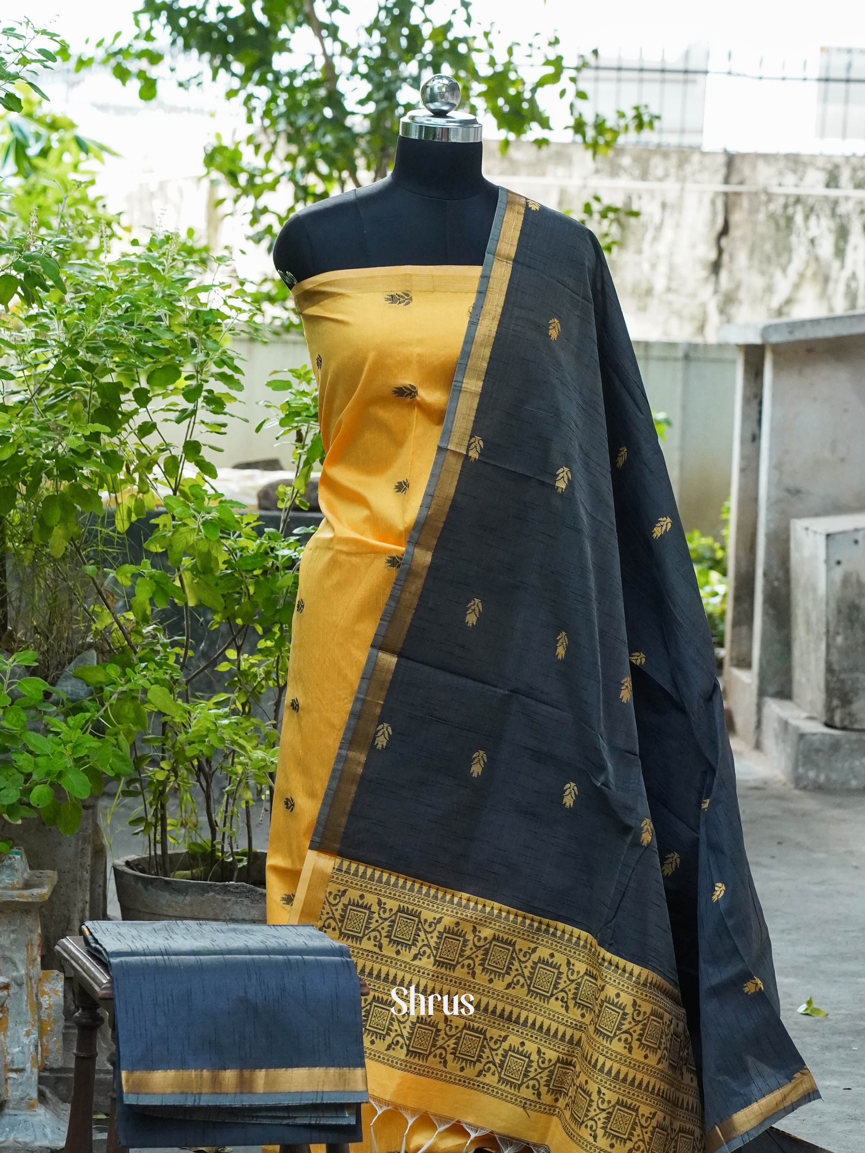 Bright Yellow and Steel Grey- Semi rawsilk salwar - Shop on ShrusEternity.com