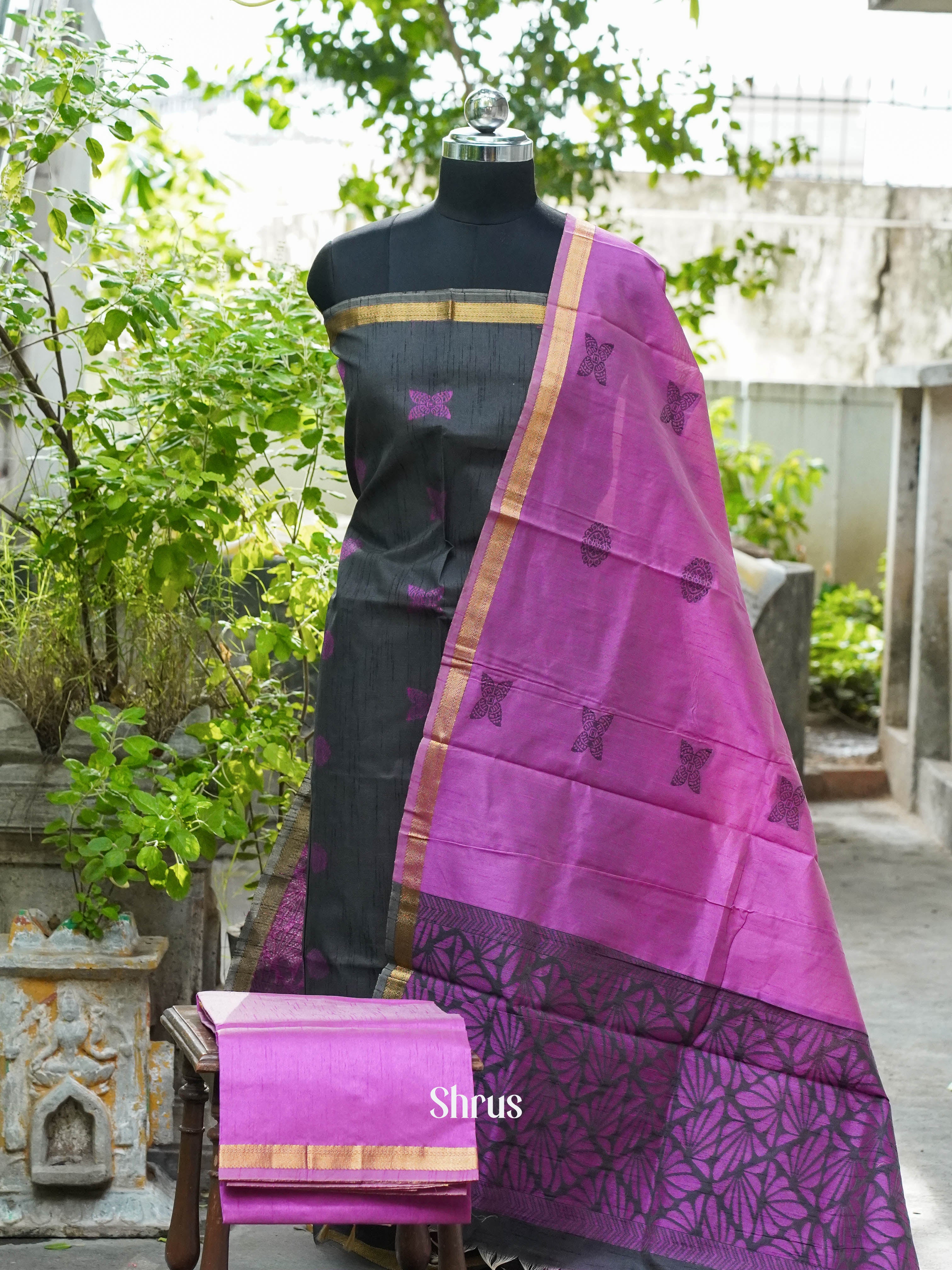 Dark Grey & Pink - Semi rawsilk salwar - Shop on ShrusEternity.com