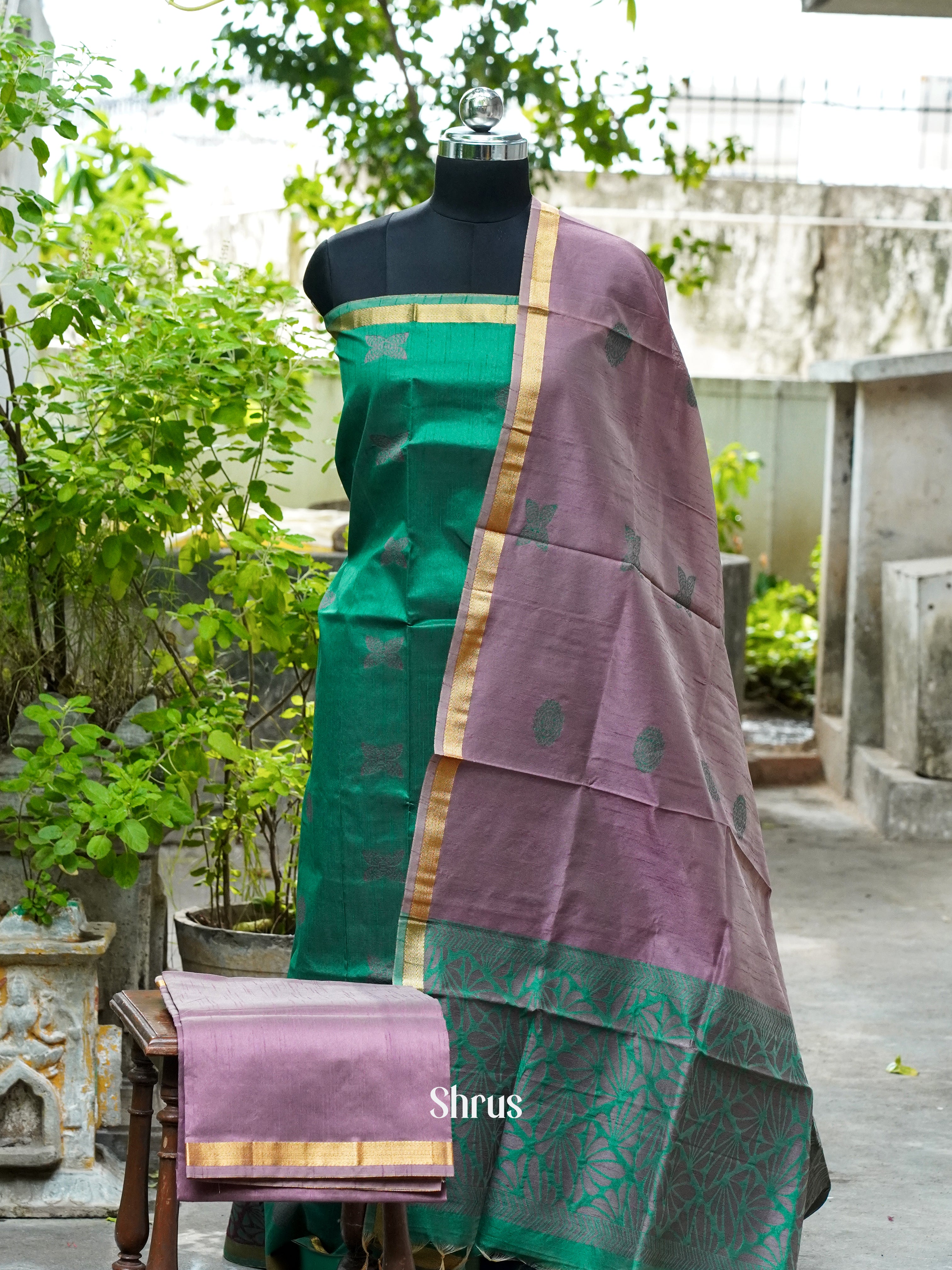 Green & Raspberry Glace Pink - Semi rawsilk salwar - Shop on ShrusEternity.com