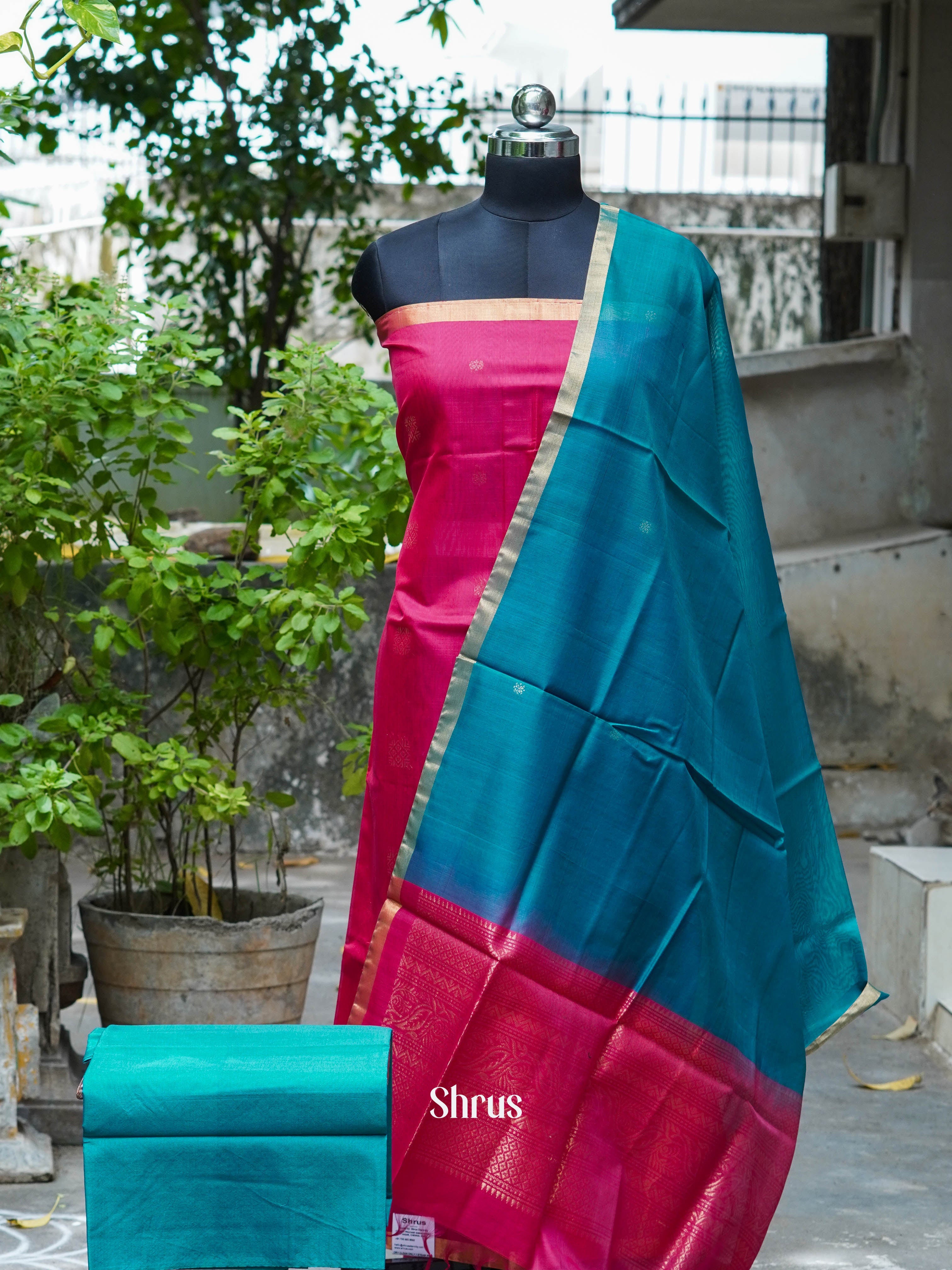 Pink & Bluish Green - Silkcotton salwar - Shop on ShrusEternity.com