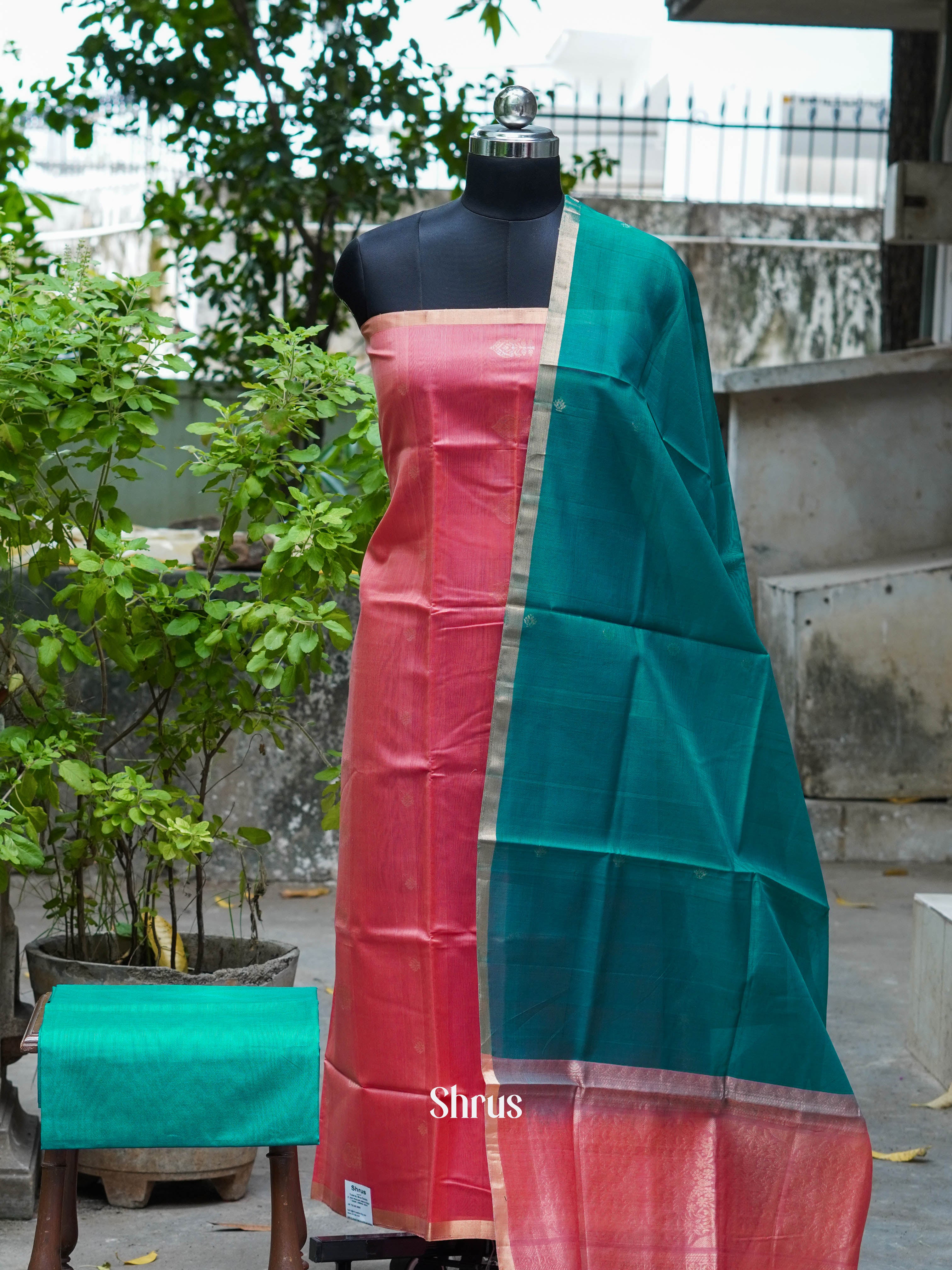 Peachy Pink & Bluish Green - Silkcotton salwar - Shop on ShrusEternity.com