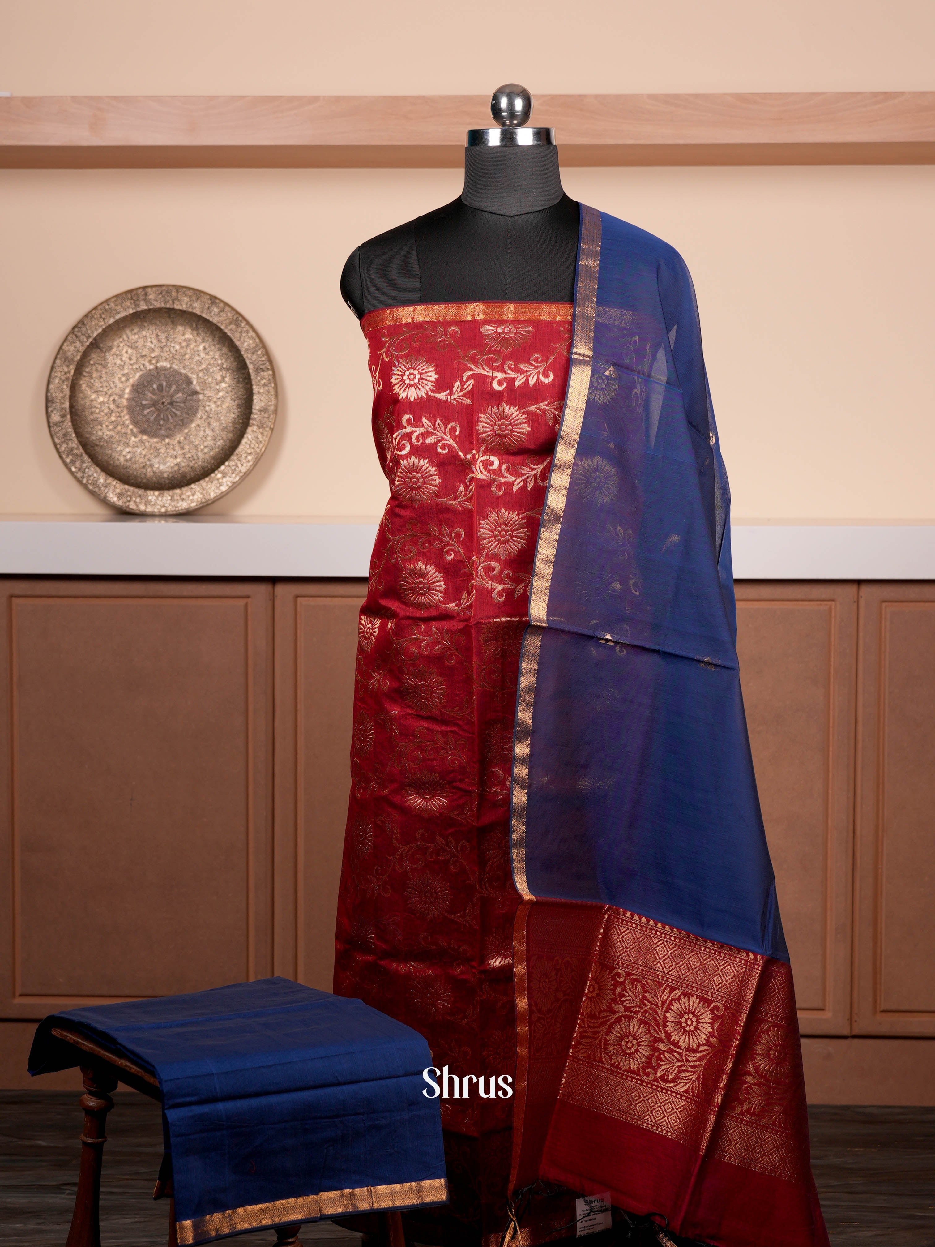 Dark Red & Blue - Semi silkcotton salwar - Shop on ShrusEternity.com