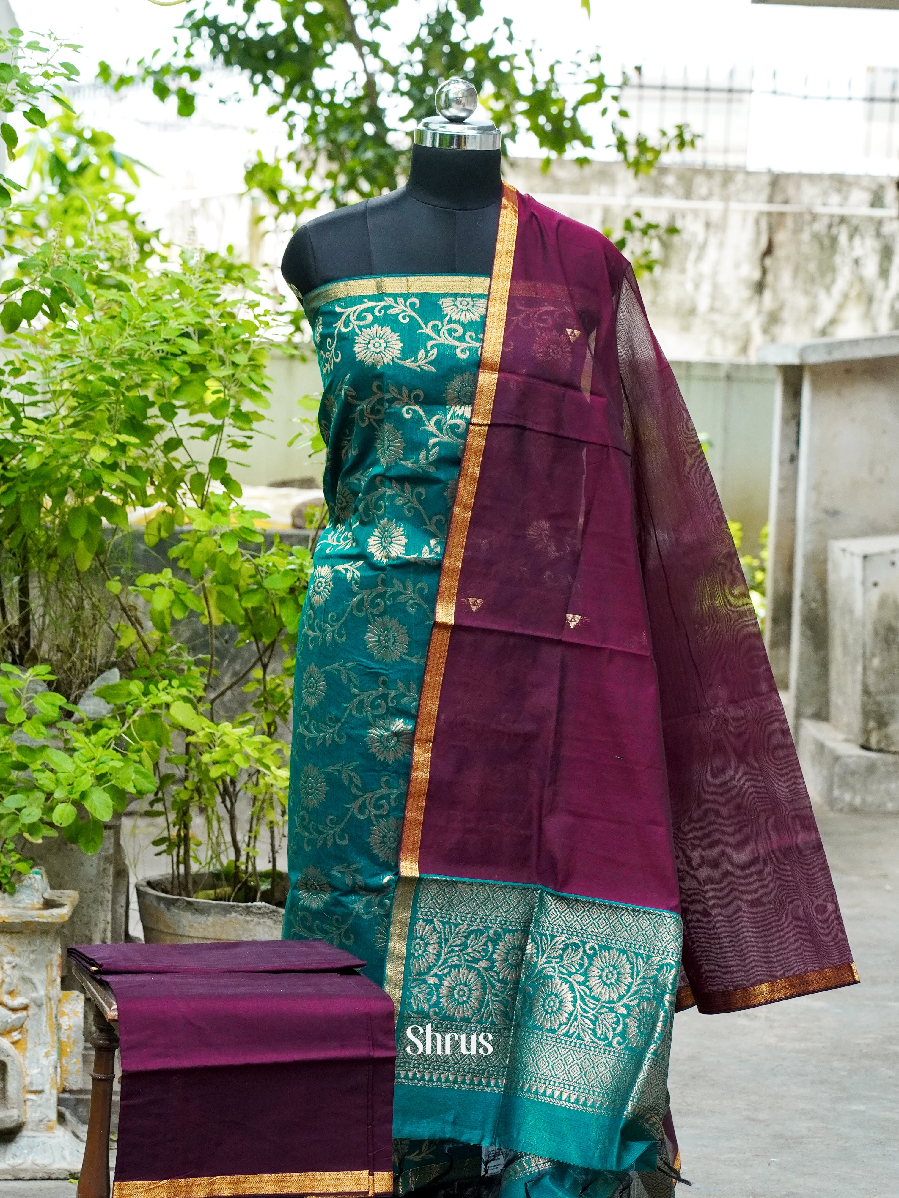 Bluish Green and Dark Maroon- Semi silkcotton salwar - Shop on ShrusEternity.com